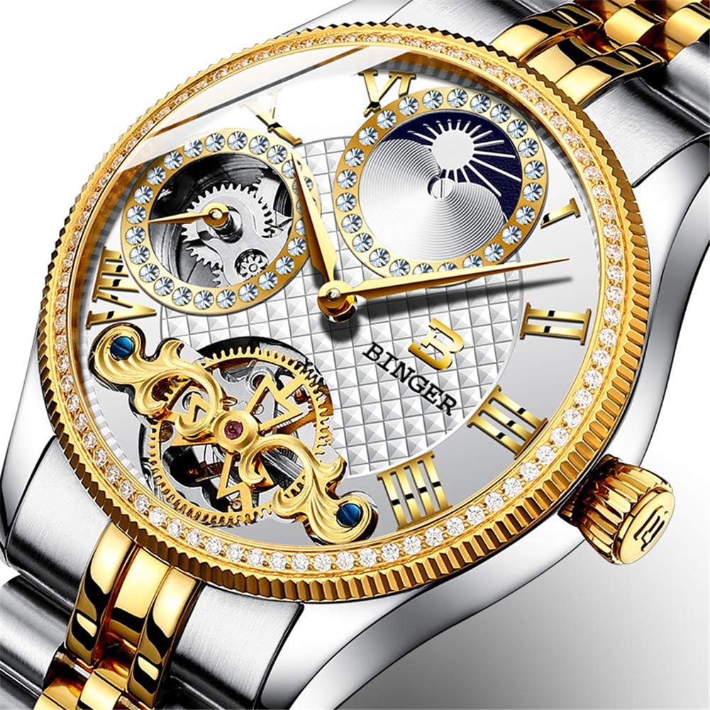 BINGER Switzerland Men Watches,Sapphire Japan Movement Automatic Tourbillon Mechanical Casual Wristwatch 1175 Moon Phase,I