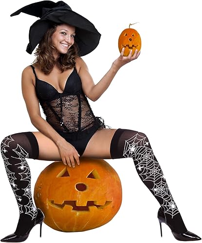 Miniatura 6 de Boao Calcetines altos hasta la rodilla de Halloween para mujer, hasta el muslo, largos por encima de la rodilla, medias de murciélago araña,