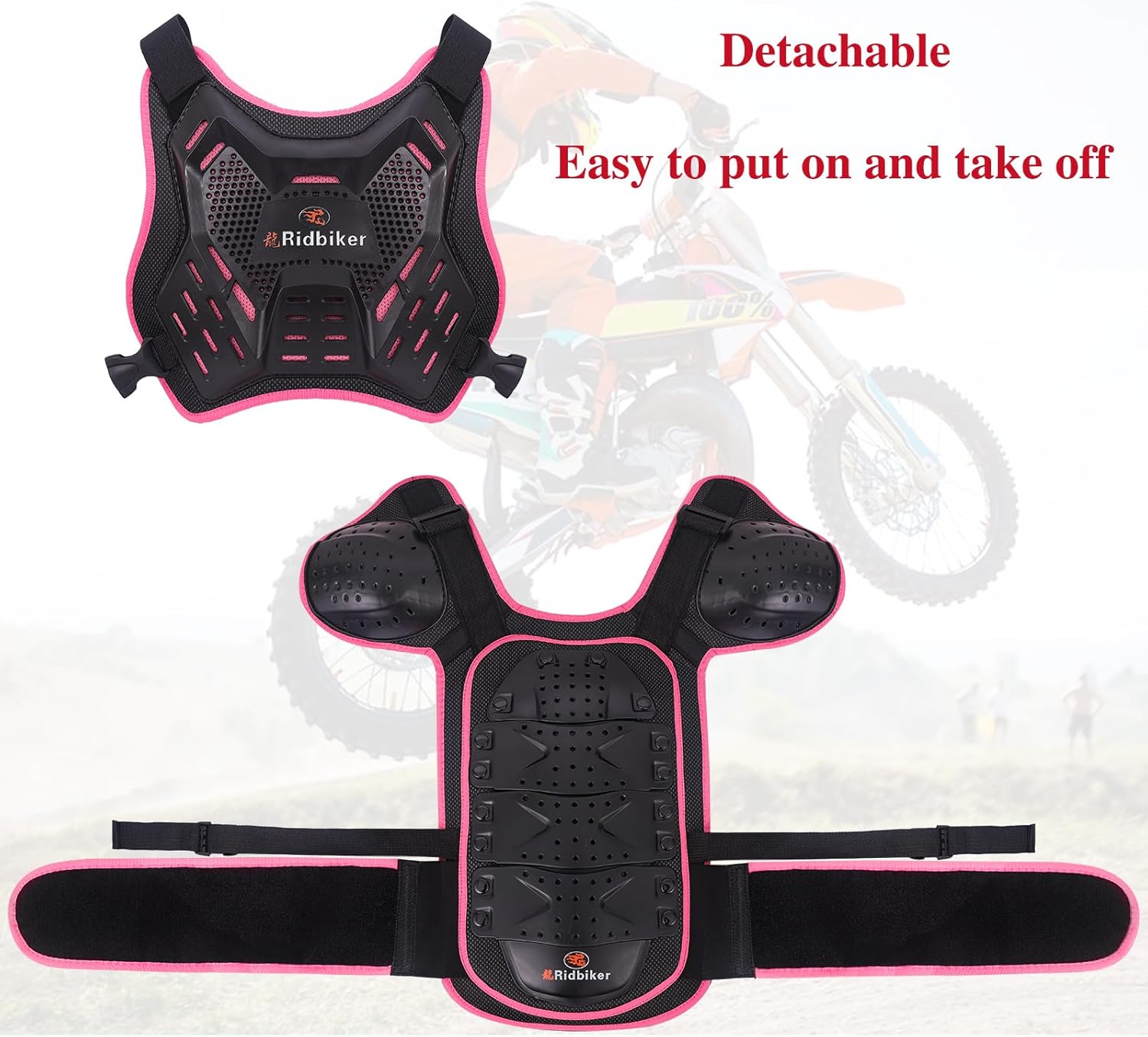 Kids Dirt Bike Gear Motorcycle Armor, Kids Chest Protector Motocross Motorcycle Protective Gear Body Armor Vest Knee Guards and Elbow Full Body Protection Set for Cycling Skateboard MTB ATV (Pink) - Image 9