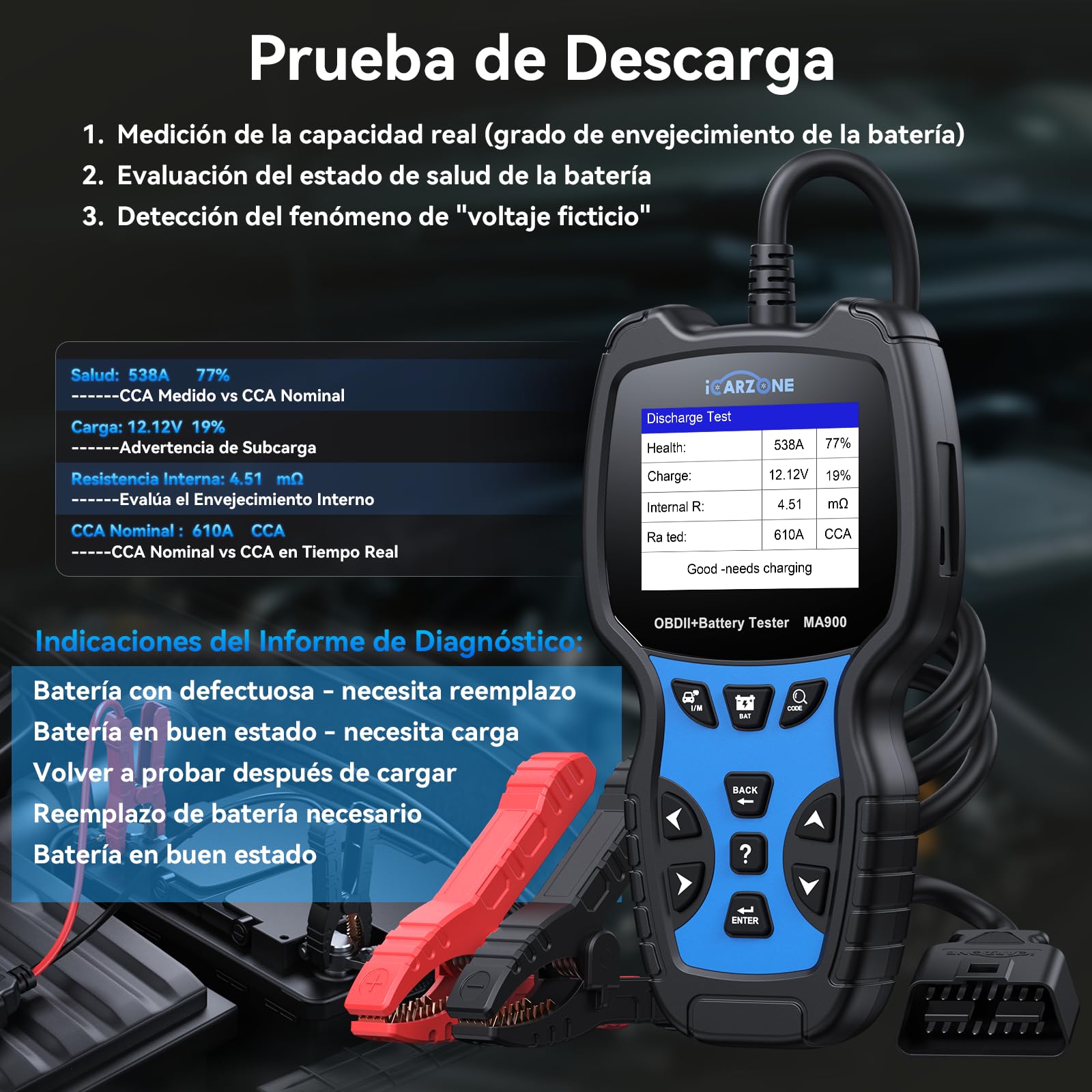 MA900 Comprobador de Batería Coche + Escáner OBD2 -Test de Descarga, Test de Corriente de Arranque, Test de Carga, Función de Lectura para OBFCM, Leer/Borrar Códigos, Datos en Tiempo Real-12V/24V