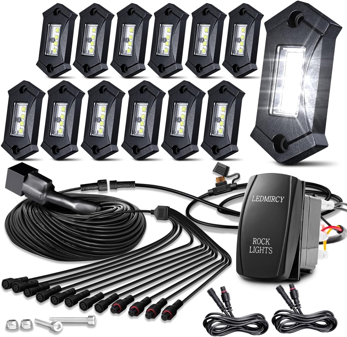 LEDMIRCYR3 Pure White Rock Lights Kit with Roker Switch Wire Harness 12PCS LED Rock Lights White for Jeep Offroad Trucks ATV UTV SUV Underglow Lights High Power Trail Rig Lights Under Body Waterproof