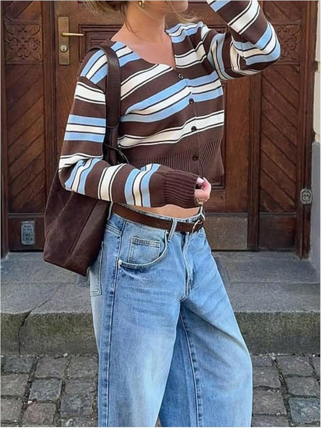 MakeMeChic Women's Striped V Neck Sweater Cardigan Button Down Long Sleeve Knit Crop Outerwear - Image 2