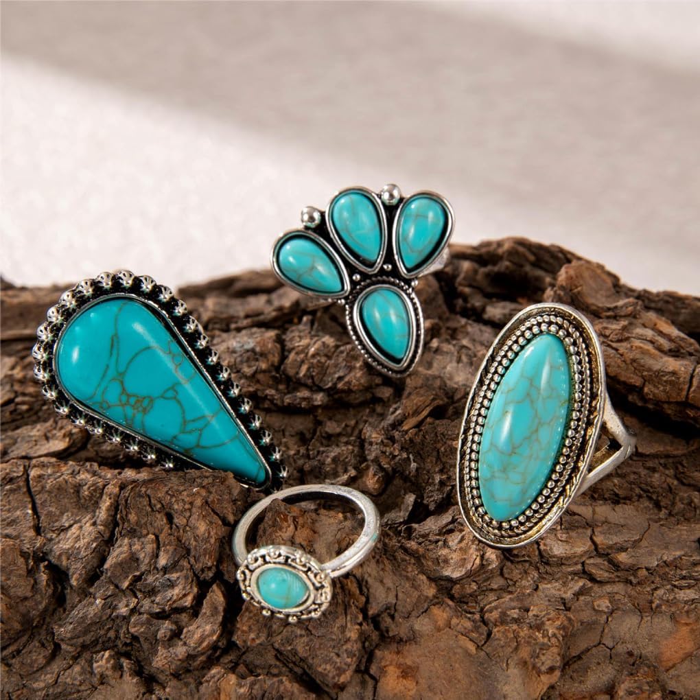 Vintage Turquoise Western Rings for Women,Exaggerated Chunky Oval Floral Snake Knuckle Rings Set,Boho Stack Layered Aesthetic Country Jewelry - Image 2