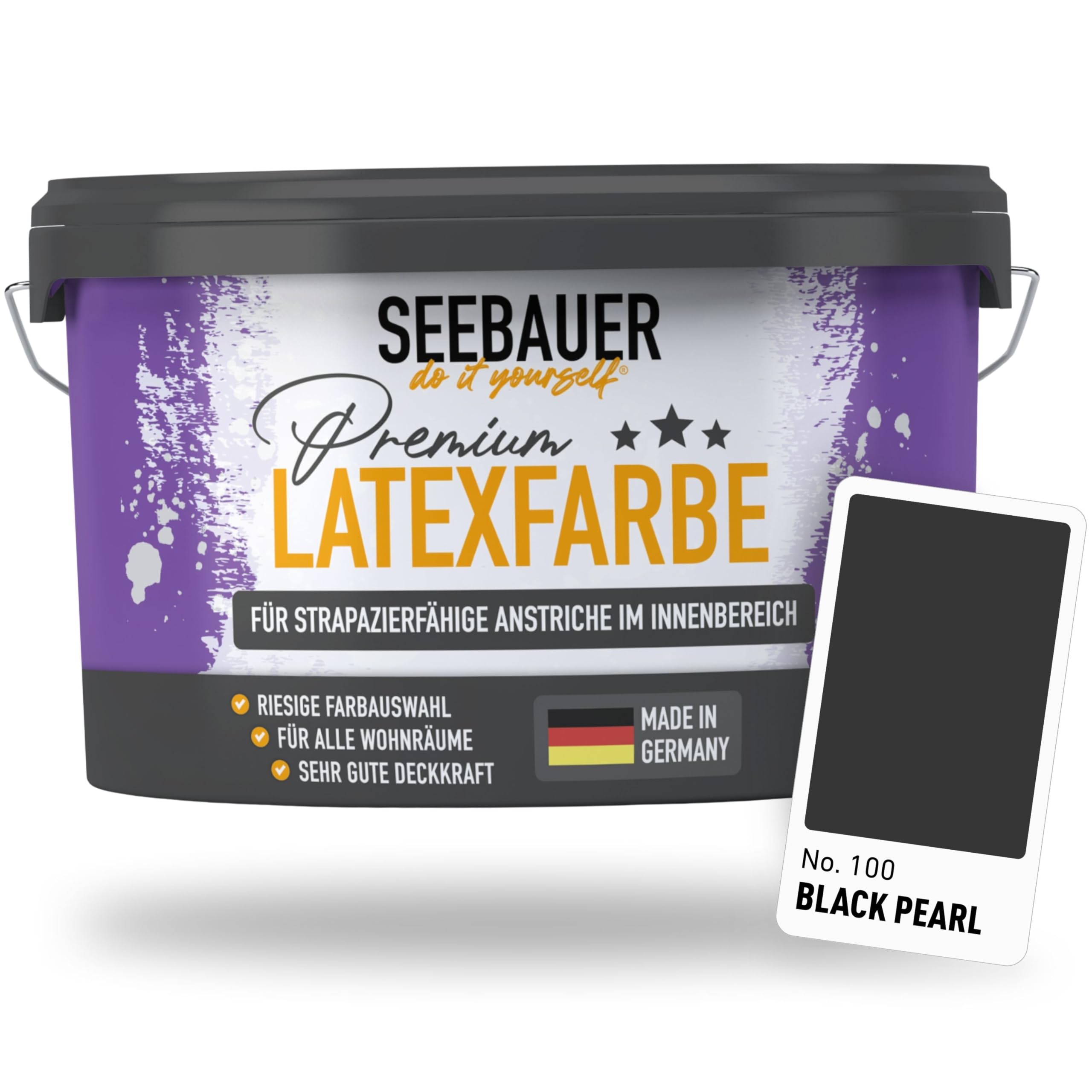 Latexfarbe Schwarz für Innen 5L (No. 100 Black Pearl) - Seidenmatte Innenfarbe für Putz, Beton & Mauerwerk - Abwaschbare Wandfarbe für Küche & Bad