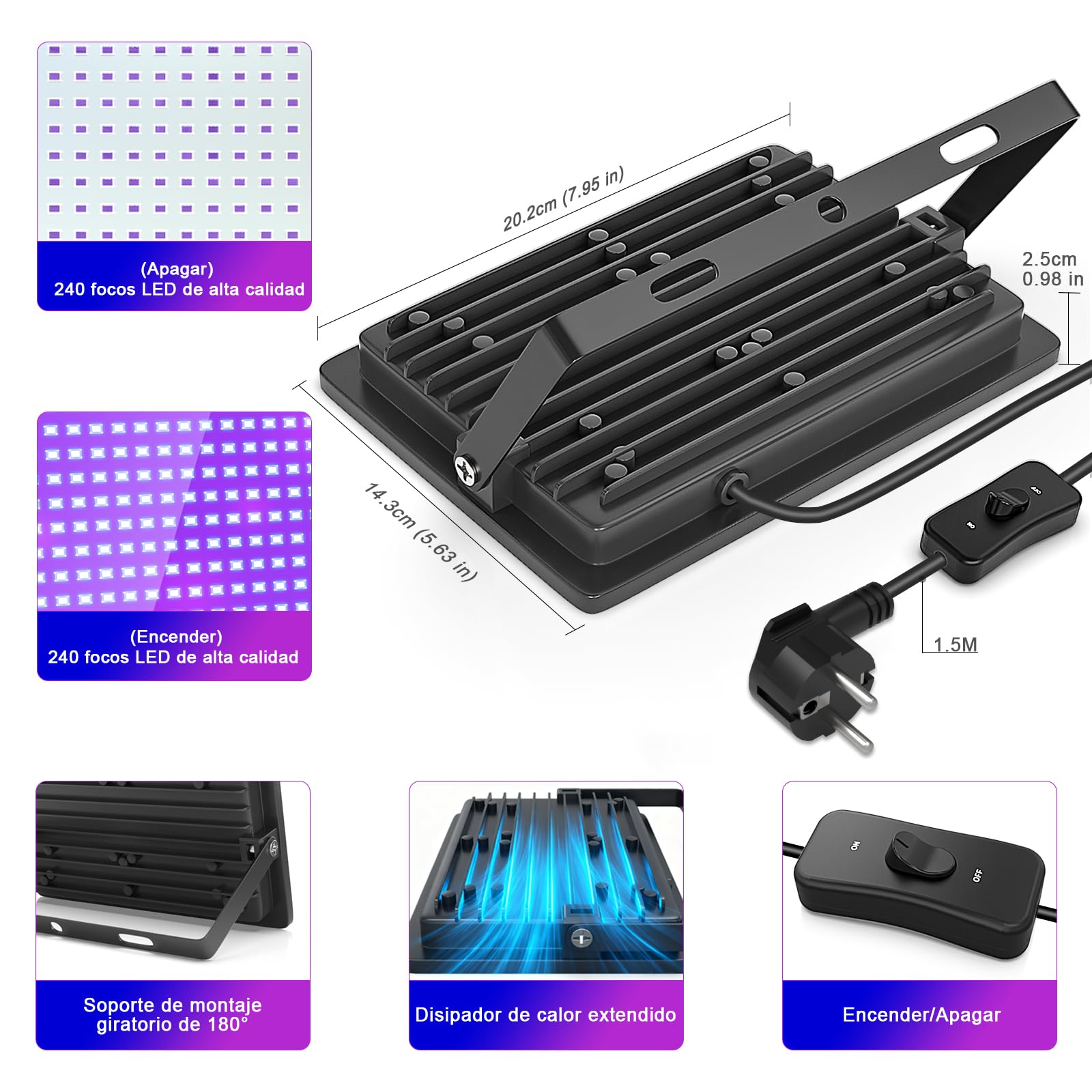 CREATESTAR Foco de Luz Negra 100W con 240 LED Lámpara UV de grafeno Longitud de Onda 385-400NM Proyector UV Impermeable IP67 para Efectos Especiales, Seguridad y Fiestas（2PC）