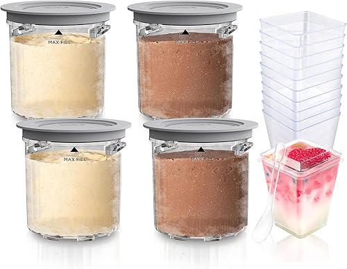 Juego de 4 recipientes y tapas para helados Ninja CREAMi Breeze serie NC100 y NC201 CREAMi, y 12 tazas cuadradas de plástico transparente de 5 onzas