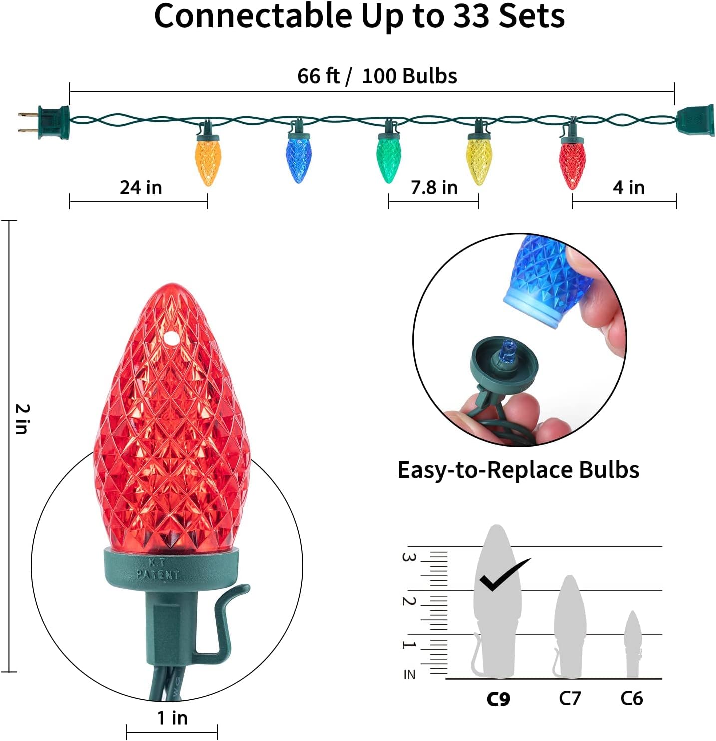 Brightown C9 Christmas String Lights Multicolor, 66ft 100 LED Faceted Christmas Lights on Green Wire, Plug-in Large Bulb Strawberry String Lights for House Roof Roofline Christmas Tree Party Outdoor