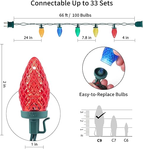Miniatura 3 de Brightown C9 - Tira de luces de Navidad multicolor, 66 pies, 100 luces LED facetadas de Navidad en cable verde, tira de luces de fresa con bombilla