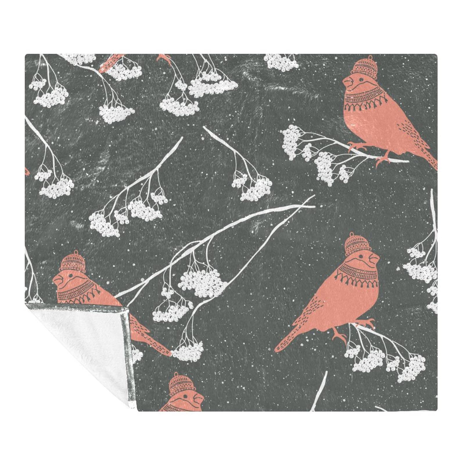 Plaid polaire Noël oiseau fleur hiver, le cadeau idéal pour le lit et salon