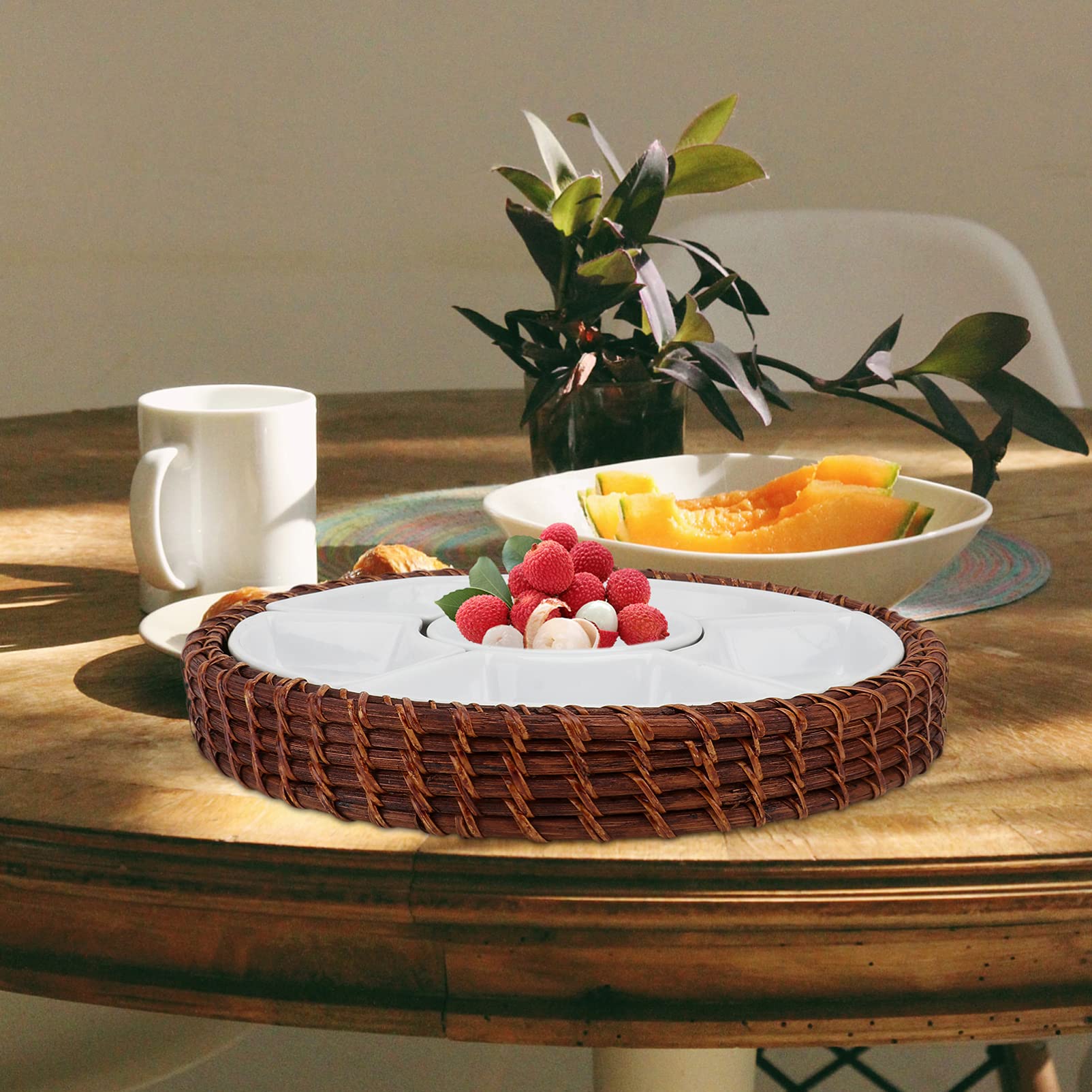 1 Set Geteilte Snack-Tablett Süßigkeits- und Nuss-Servierbehälter mit Rattan-Fach-Keramik-Fach-Vorspeise-Fach for die Hausküche Hochzeitsfeier (gemischte Farbe)