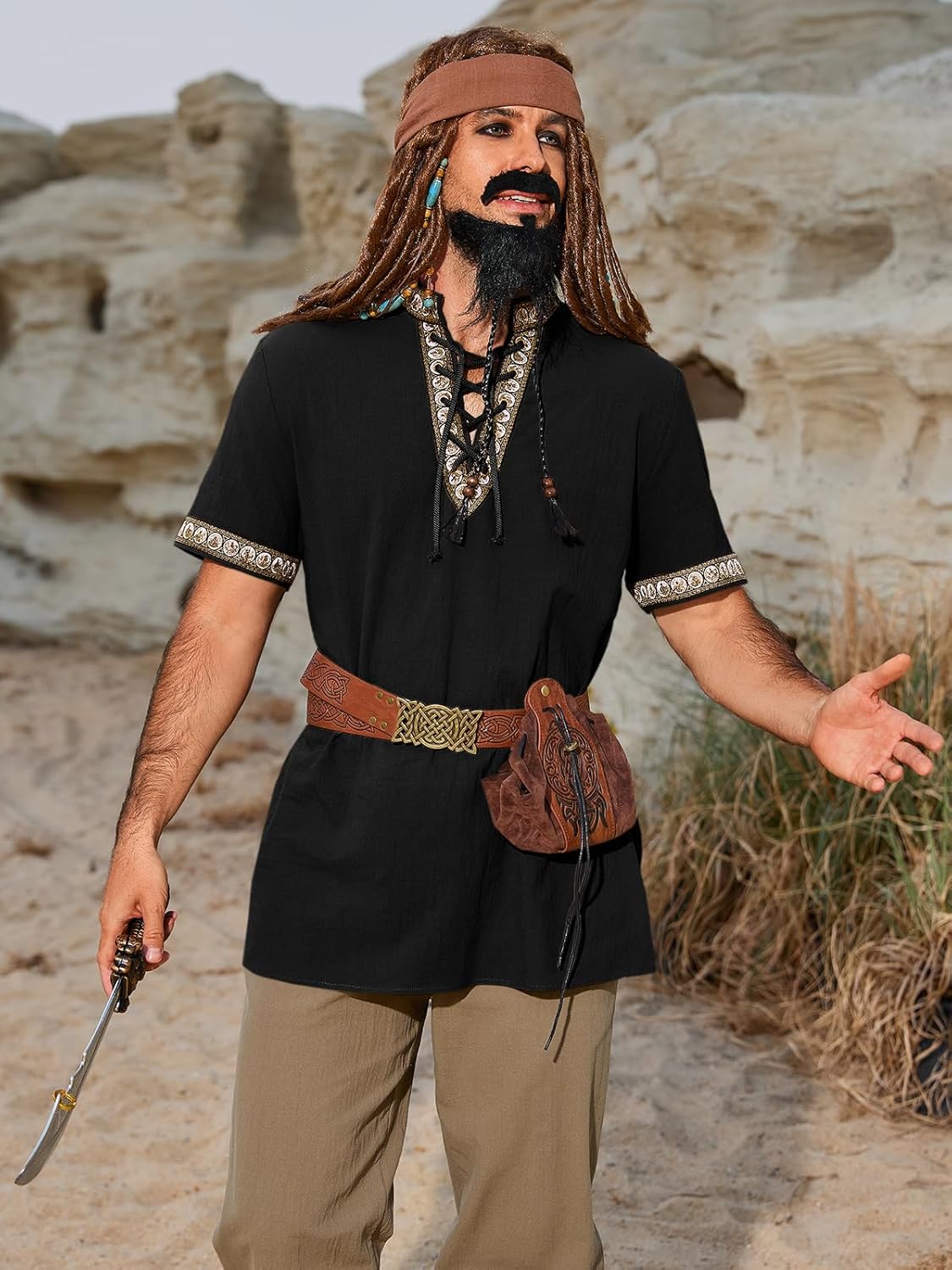 Runcati Mens Medieval Pirate Shirt Cotton Lace Up Renaissance Shirts Viking Retro Scottish Halloween Costume Tops - Image 6