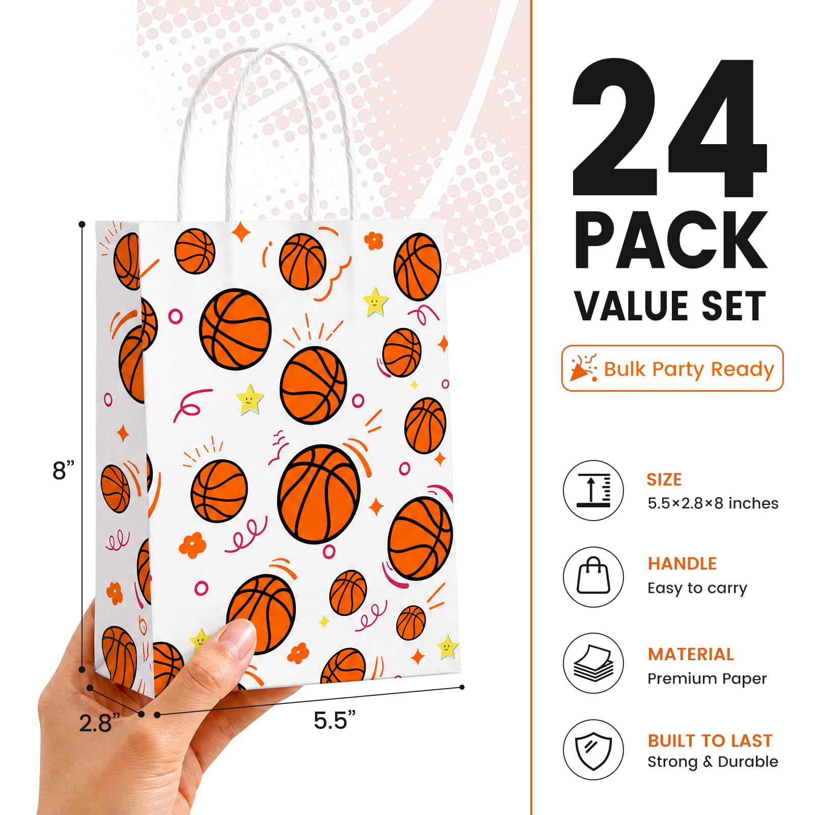VGOODALL 24 Pack Gift Bags, 5.5" x 2.8" x 8" Basketball Party Favor Bags with Handles for Sports Themed Party Girls Boys Birthday Decoration