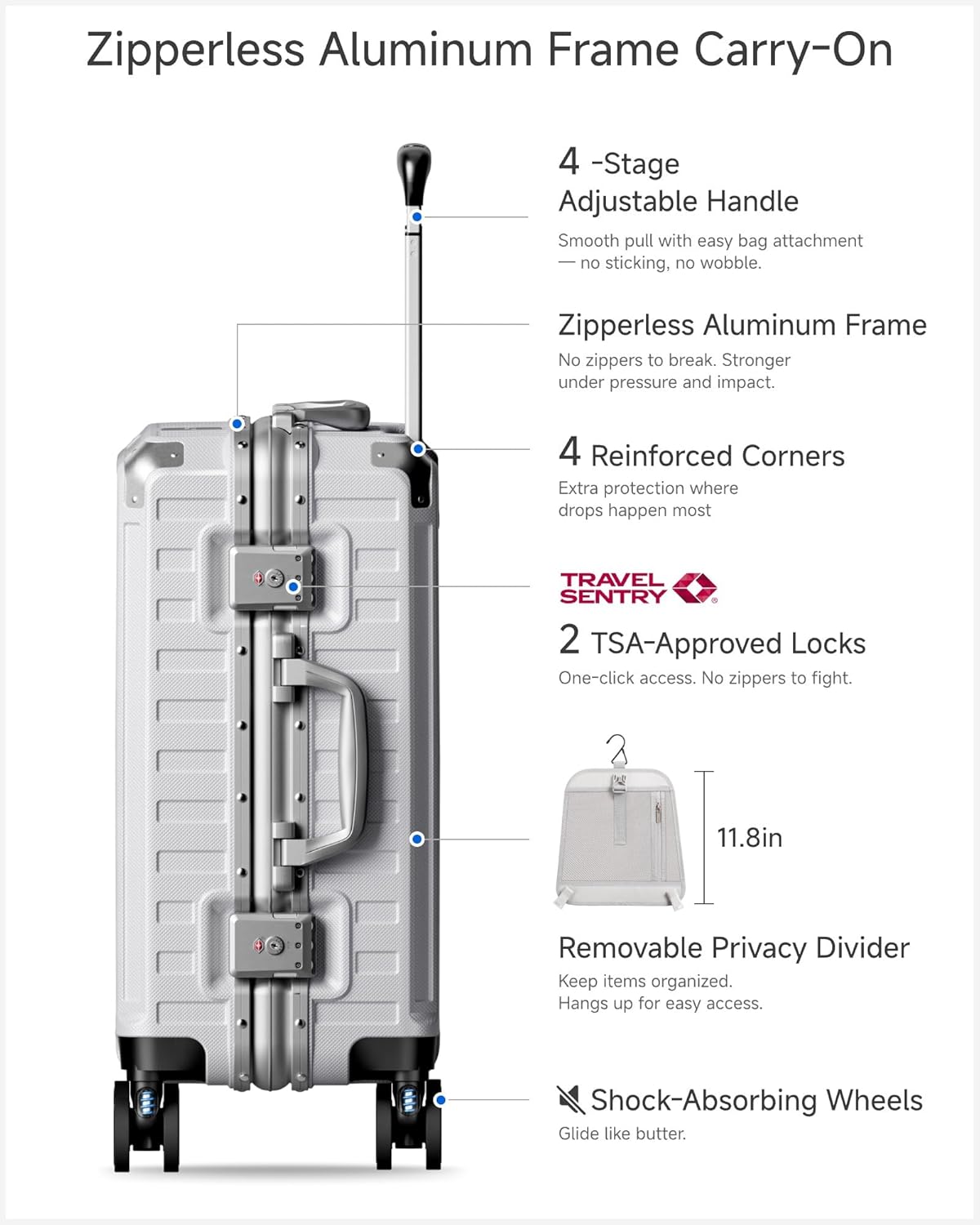 Carry On Luggage with Spinner Wheels, 8010S Aluminum Frame Zipperless Polycarbonate Hard Shell Suitcase (ZX-Core, Silver, 20 Inch)