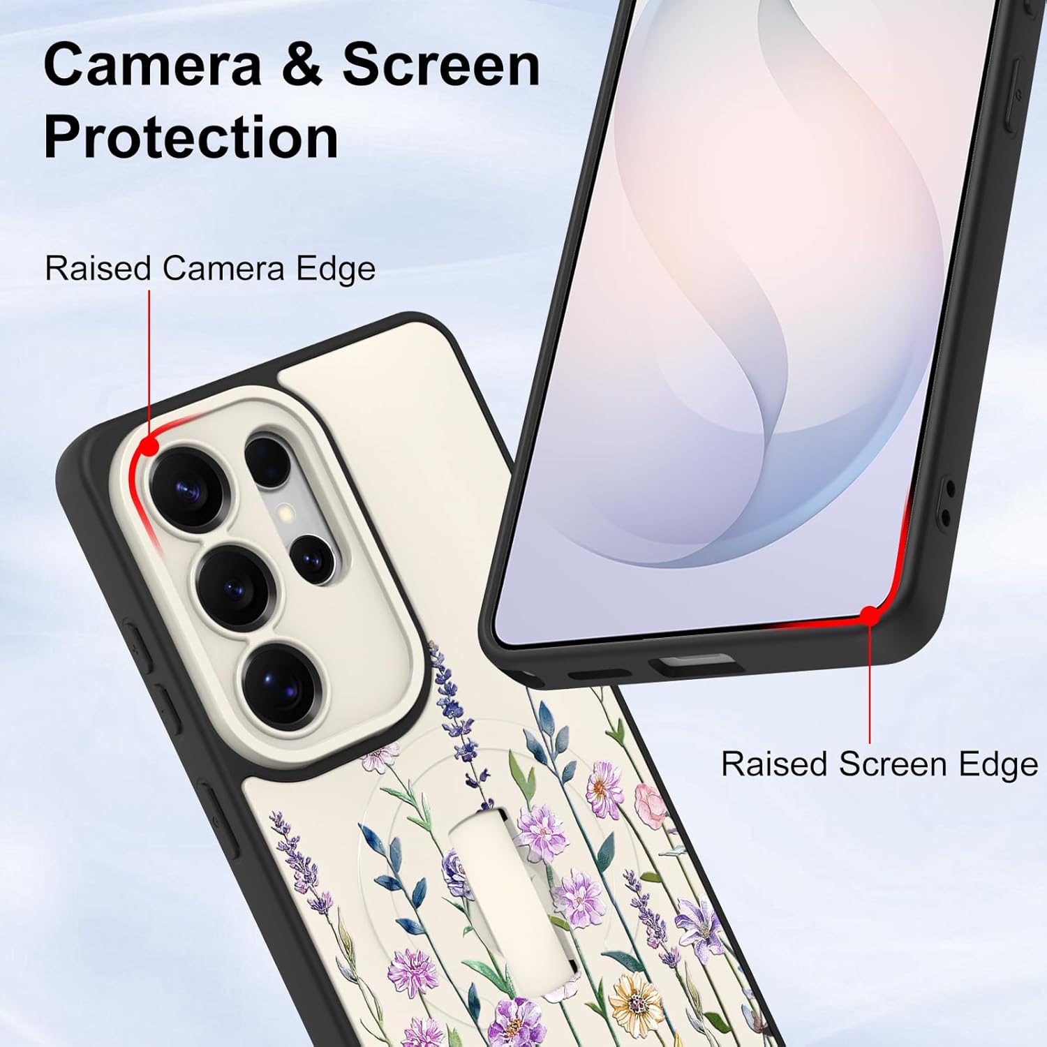 for Samsung Galaxy S26 Ultra Case, Finger Strap Kickstand[Compatible with MagSafe] Cute Floral Pattern for Women Girls,Full Camera Protection Aesthetic Shockproof TPU,White