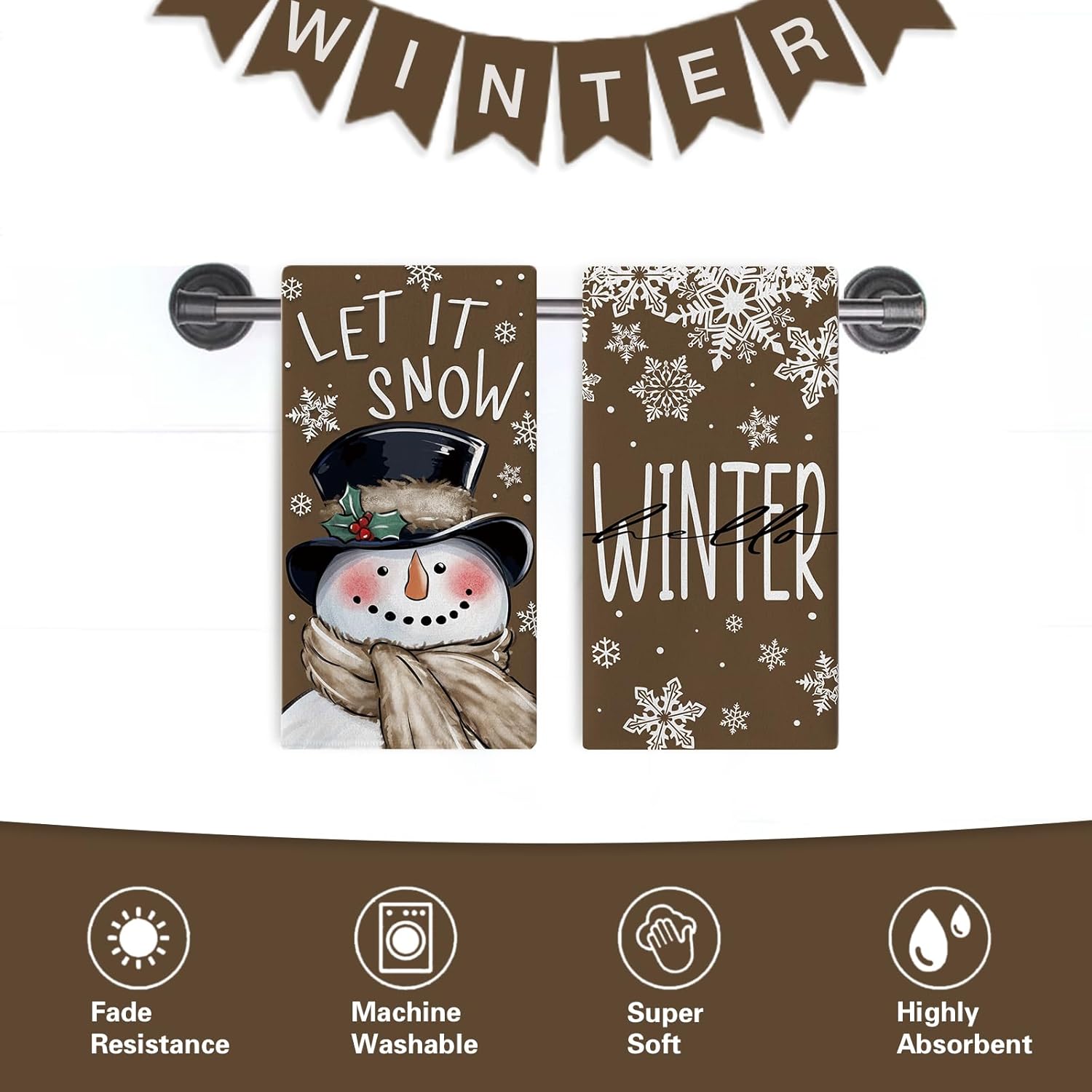 Hello Winter Snowman Brown Kitchen Dish Towels Set of 2, Let It Snow Snowflake Drying Hand Towel Baking Cooking Cloth, Christmas Seasonal Bathroom Home Decoration 18'' x 26'' - Image 7