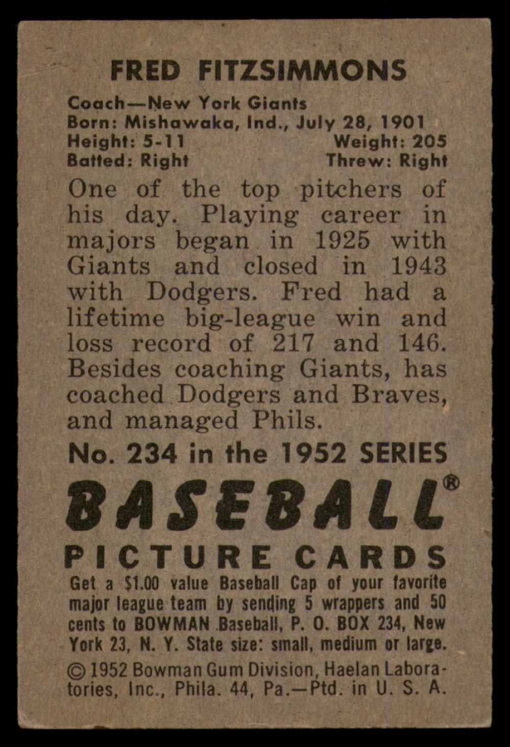Baseball MLB 1952 Bowman #234 Freddie Fitzsimmons CO EX NY Giants