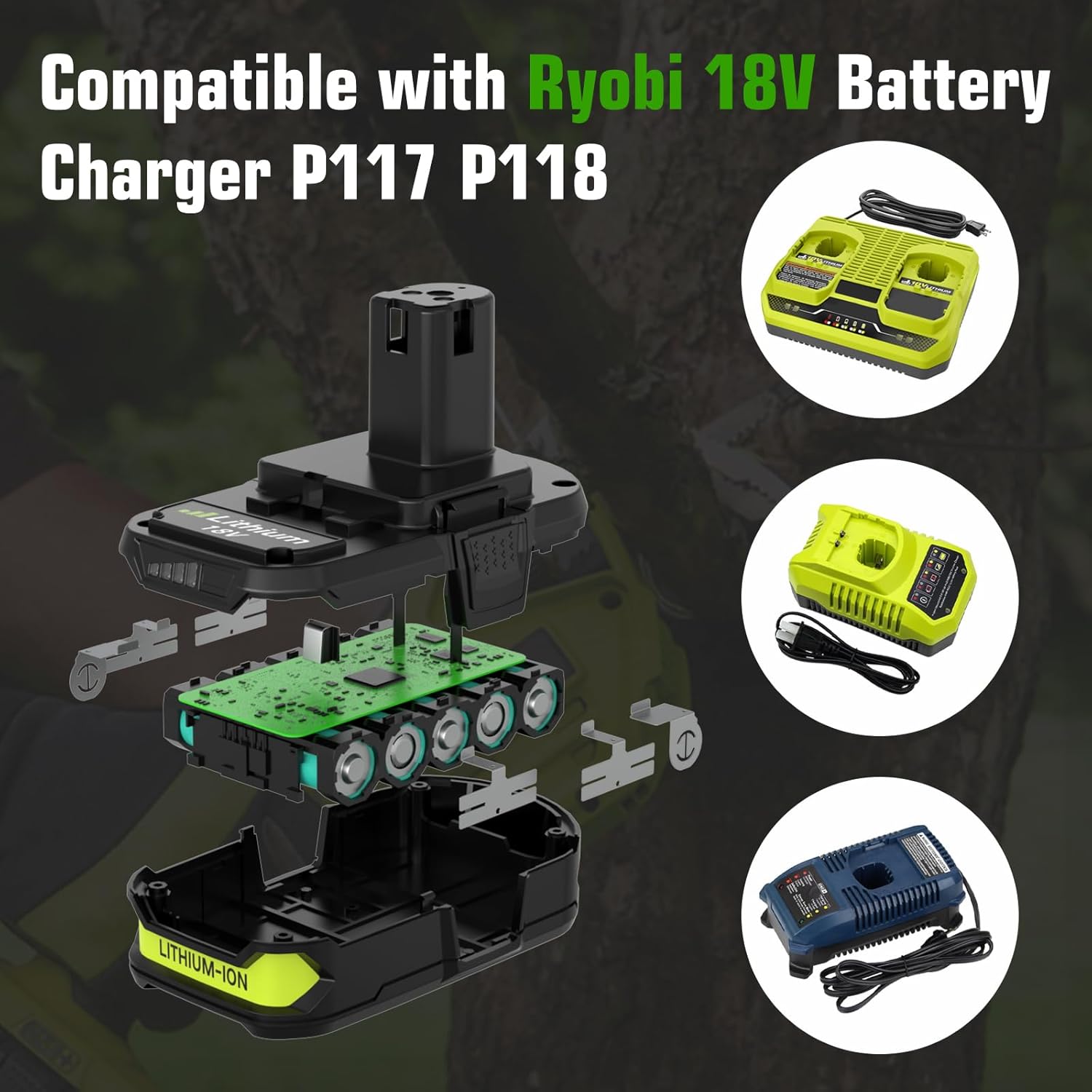 Enermall 2 Pack 3600mAh P102 Replacement for Ryobi 18V Battery Plus Compatible with Ryobi Battery 18V P108 P103 P105 P107 P109 P104 Compatible with 18Volt Power Cordless Tools(Green) - Image 5
