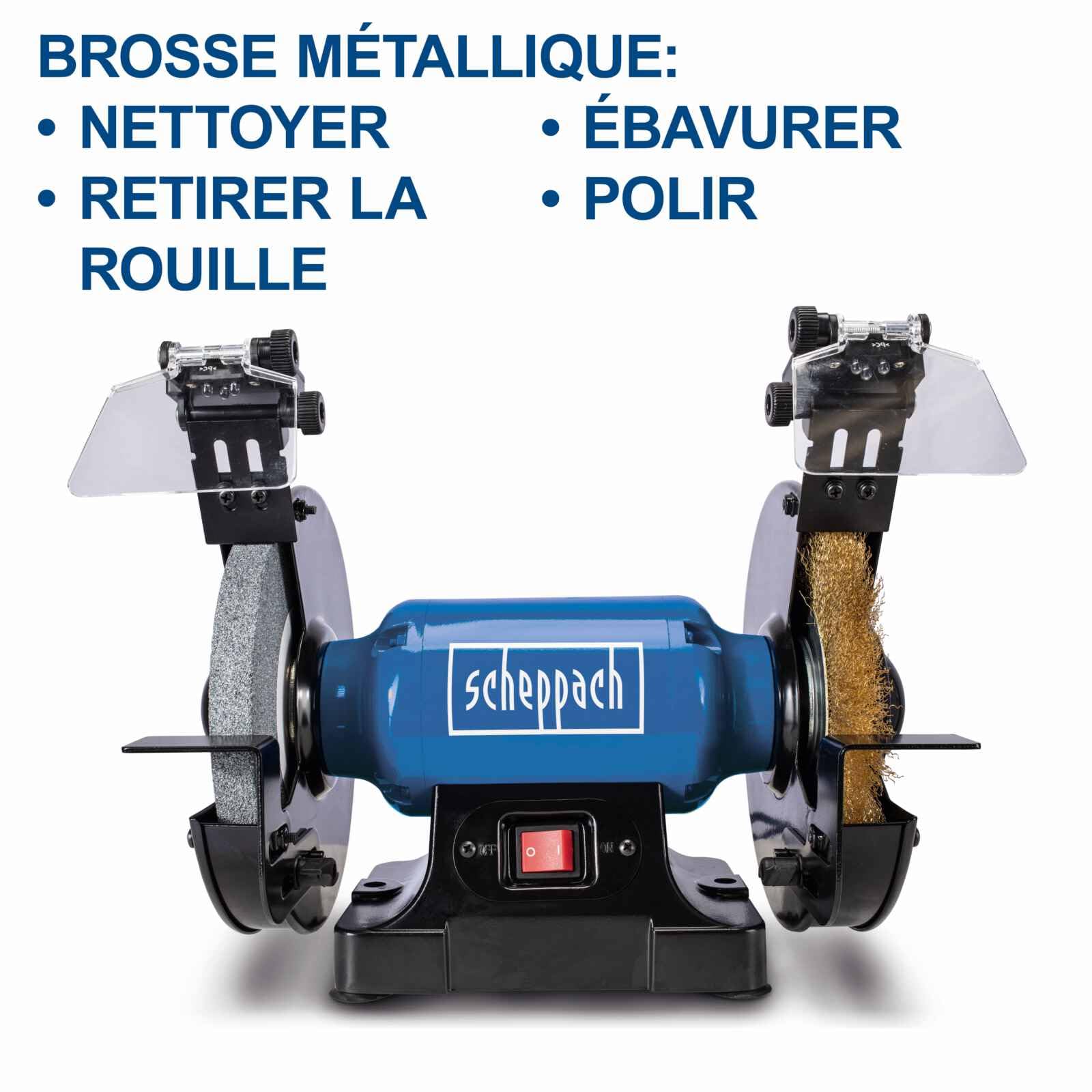 Scheppach Touret Mixte SM200LB | Puissance 500W | Pierre à aiguiser 200x20mm Grain 36 | Brosse métallique largeur 16mm | Avec éclairage LED