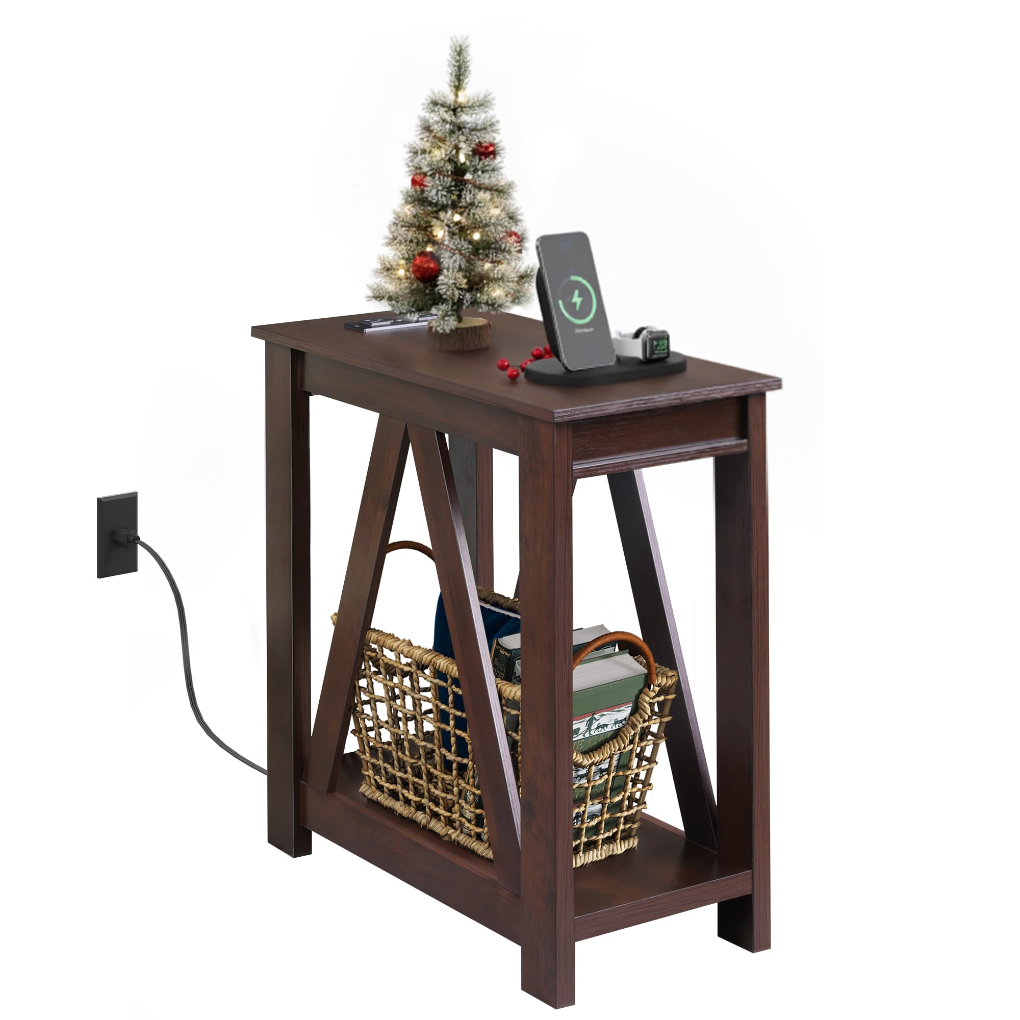 WLIVE Narrow End Table with Charging Station of Open Storage Shelf，Sofa Side Table with 2 USB Ports and 2 Power Outlets，Slim Farmhouse End Table for Small Spaces, 11.8" D x 23.6" W x 23.74" HThe Forest Stewardship Council