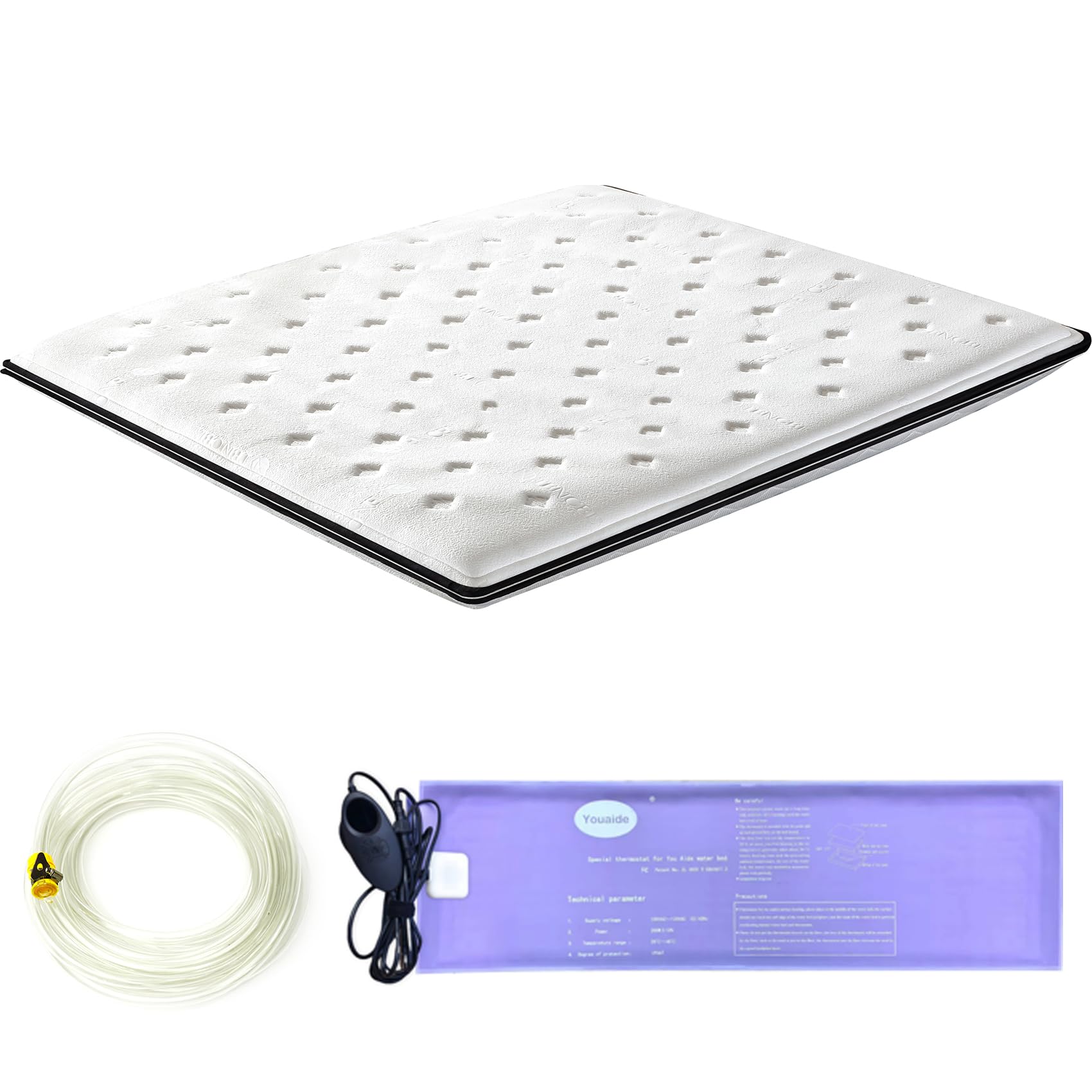 Softside materac wodny z PCW o grubości 10,5 cm z podgrzewaczem, rurą wodną i elektryczną pompą powietrza, składany materac na łóżko wodne, ergonomiczny kształt, łatwy w użyciu, bez