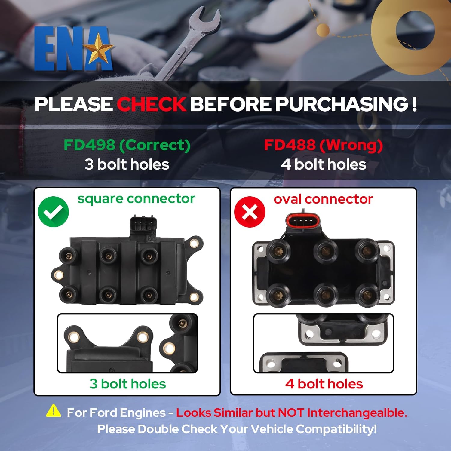 ENA Ignition Coil Pack Compatible with Ford Mazda Mercury F150 Ranger Freestar Mustang Taurus B3000 Sable Monterey Windstar V6 4.2L 3.0L 3.8L 2001 2002 2003-2008 Replacement for C1312 DG485 FD498