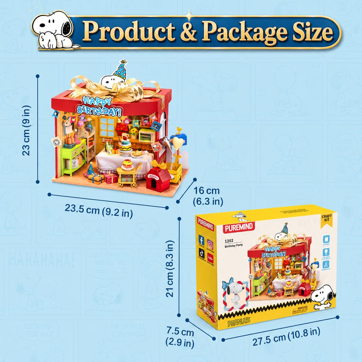 PUREMIND Snoopy PEANUTS Drewniane Puzzle 3D, Domek Urodzinowy | Oficjalna licencja, figurka w zestawie, tort i balony, forma pudełka prezentowego, do składania, dekoracja i kolekcja