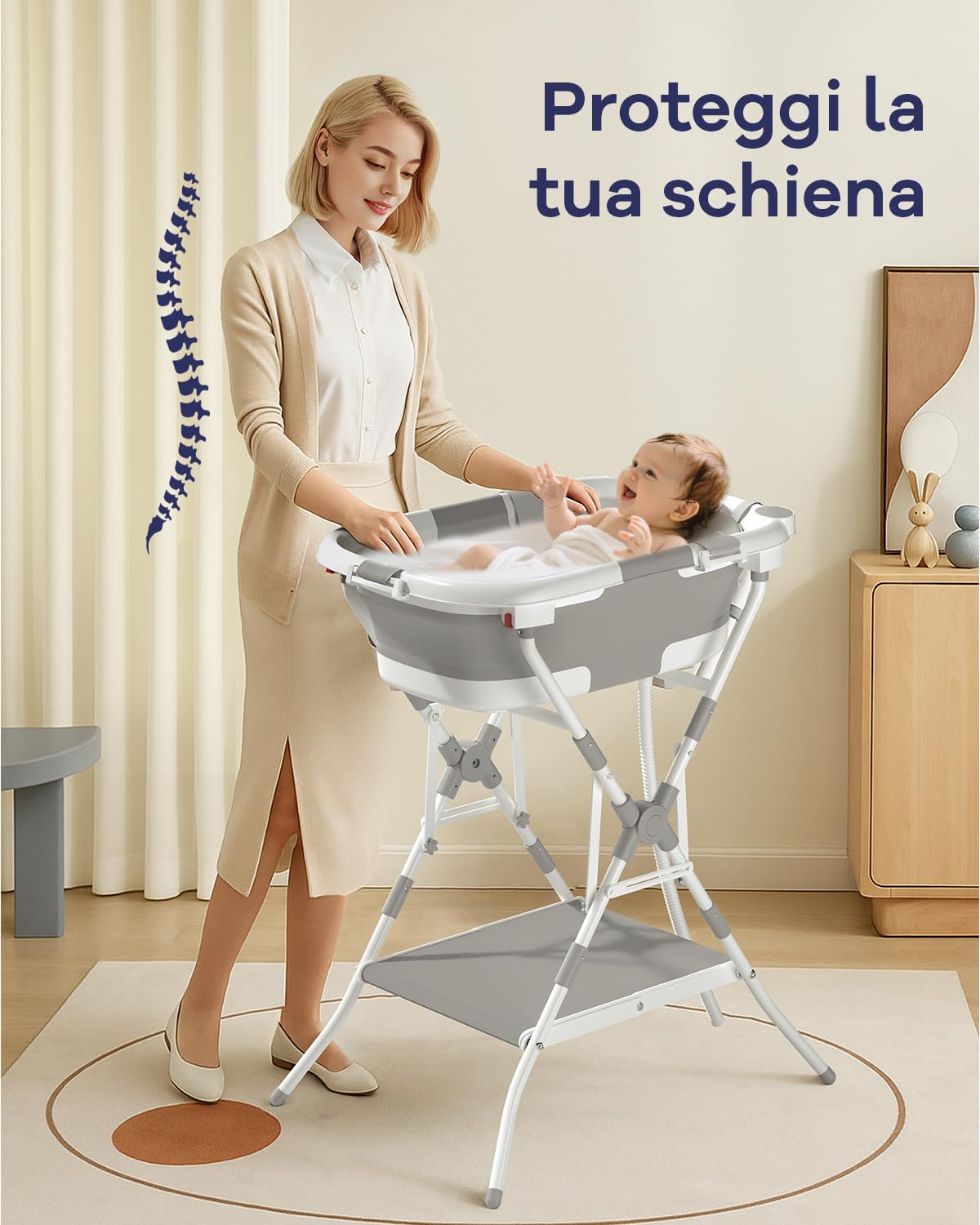 2 in 1 Bagnetto neonato con supporto, vaschetta da bagno con rete di sostegno per neonati e bambini piccoli, design multiuso e pieghevole per riporla facilmente, grigia