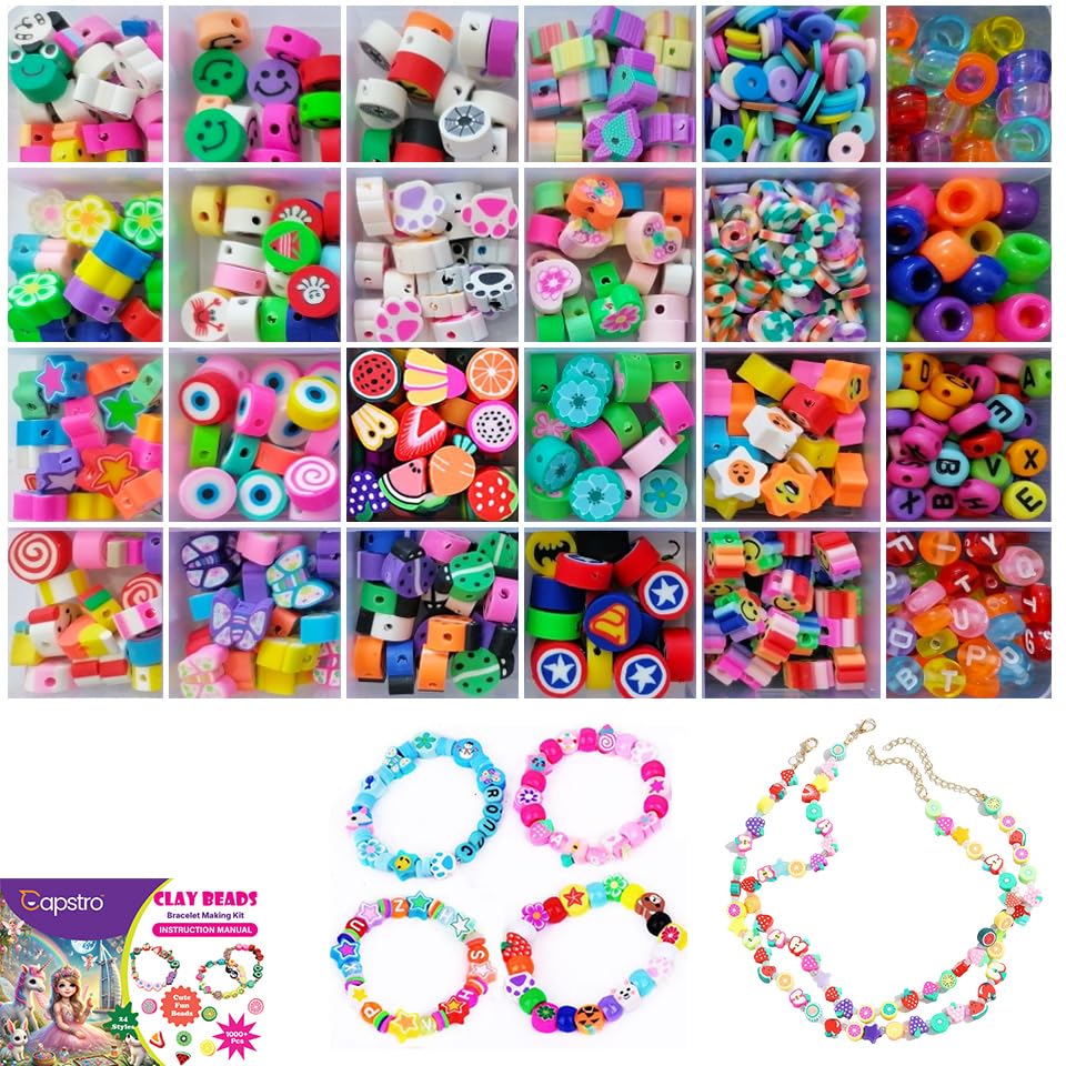 Capstro 1000PCS Bracelet Making Kit – 24 Styles of Polymer Clay, Pony & Letter Beads with Charms and Elastic String – DIY Jewelry Craft Set for Girls, Teens & Women