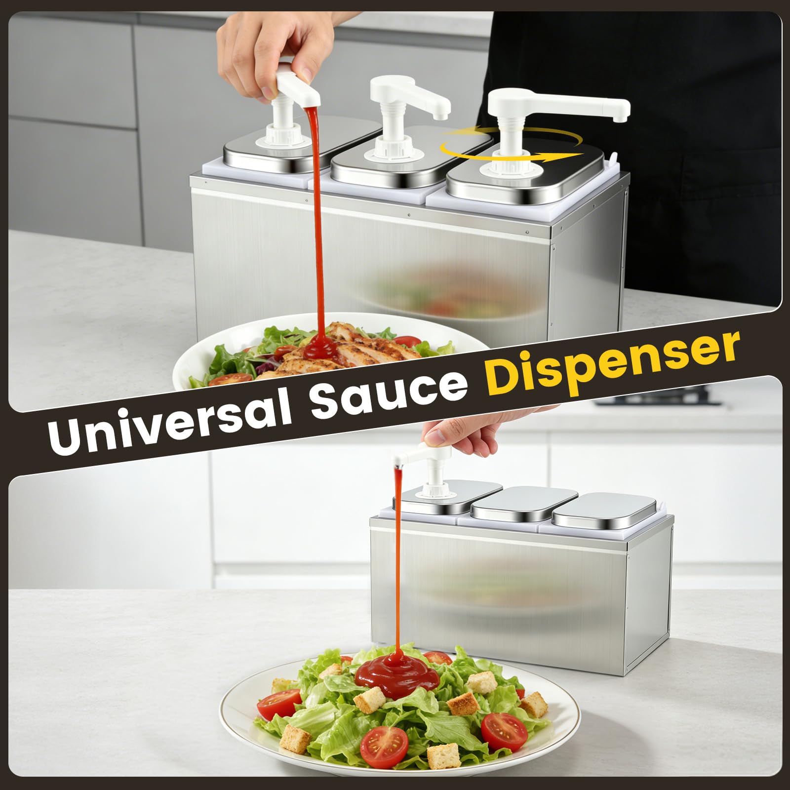Station de Distribution de Sauces 6L avec 3 Têtes de Pompe, Distributeur Ketchup Inox Alimentaire & Anti-Goutte, Idéal pour Ketchup Mayonnaise Moutarde Miel, 3×2L Distributeur Sauce Gastro