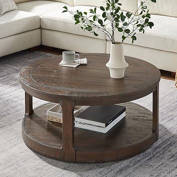 40 Round Coffee Table with Wheels for Living Room Circle Coffee Table 2 Tier Rustic Farmhouse Style Wooden Coffee Table Centry Table for Office Walnut