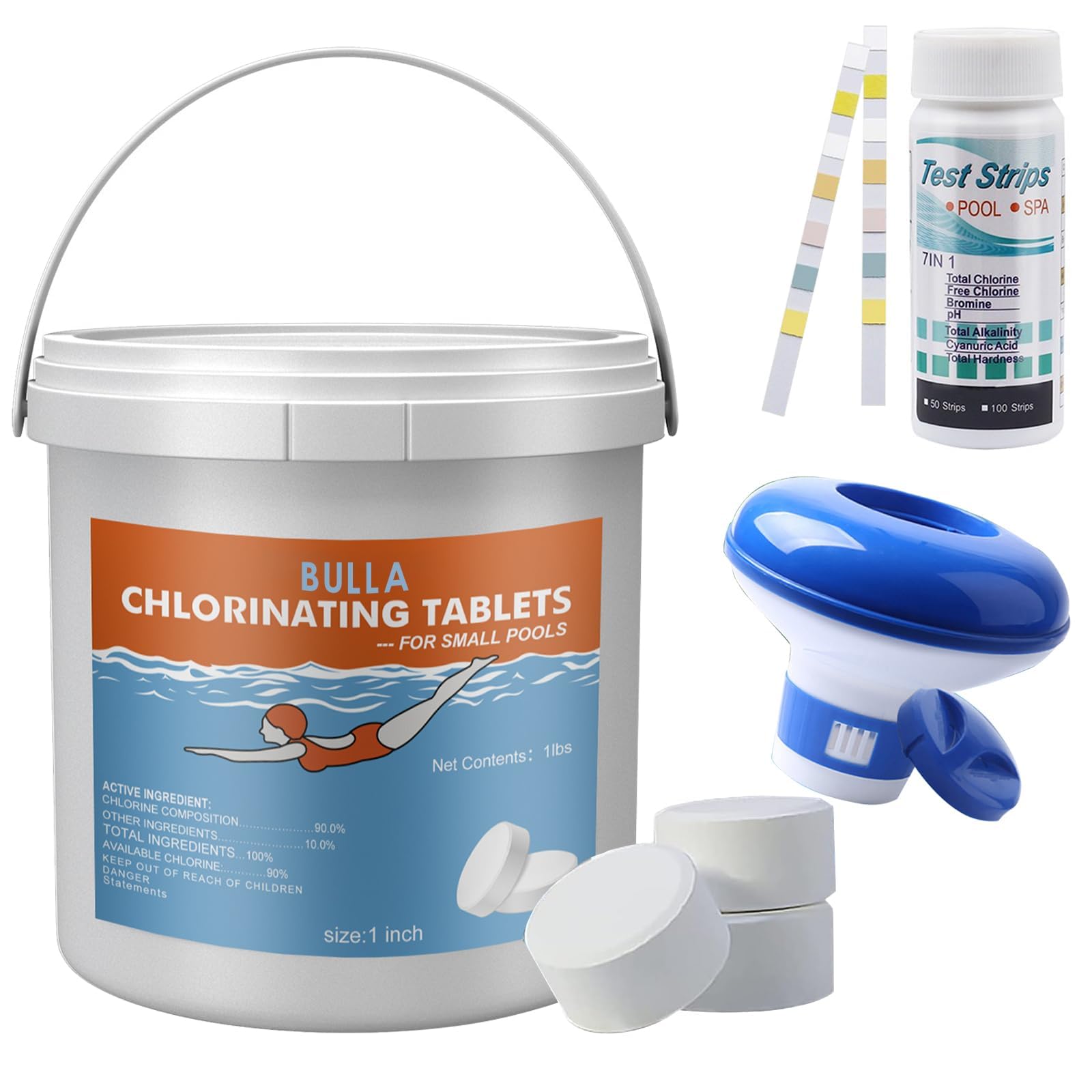 Chlorine Tablets for Swimming Pool, 1lb. Chlorine Tabs for Hot Tub with Float Dispenser, 1 Inch Multifunction large Chlorinators for Swimming Pool Spa Hot Tub Bathtubs