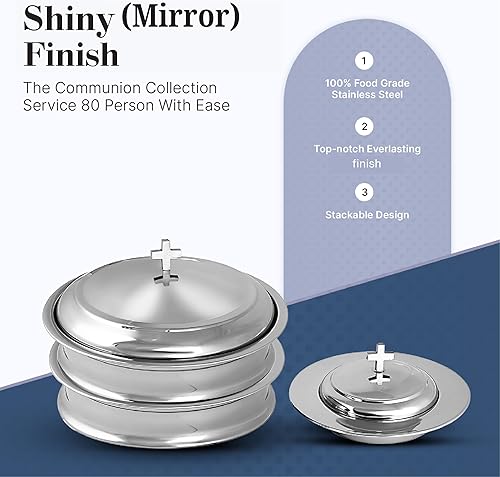 Miniatura 2 de Communion Ware - 2 bandejas para servir vino santo con tapa y 1 plato de pan apilable con tapa, acero inoxidable (espejoplateado)