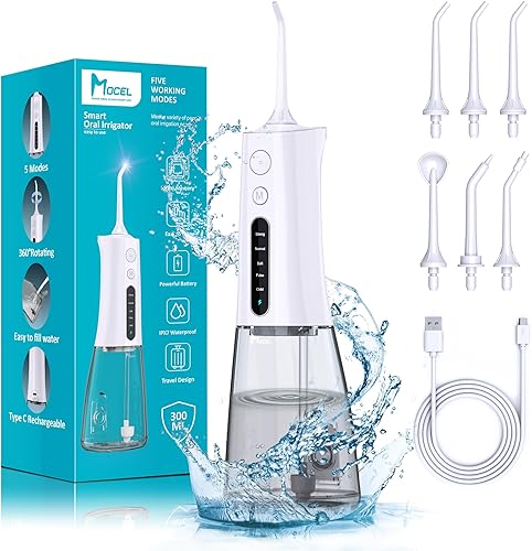 Irrigador dental de agua Pantalla OLED inalámbrica Limpieza de dientes MOCEL 5 modos Irrigador oral 300ML portátil y USB C recargable IPX7 hilo
