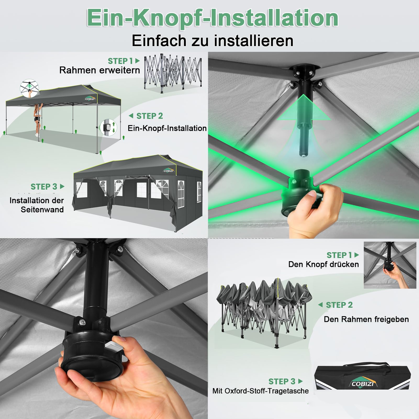COBIZI Faltpavillon 3x6 Pavillon wasserdicht Winterfest, EIN-Tasten-Zentralverriegelung Partyzelt Faltbar Anti-UV mit Fluoreszierenden Streifen, 6 Seitenwänden, Gartenpavillon für Hochzeiten, Freien