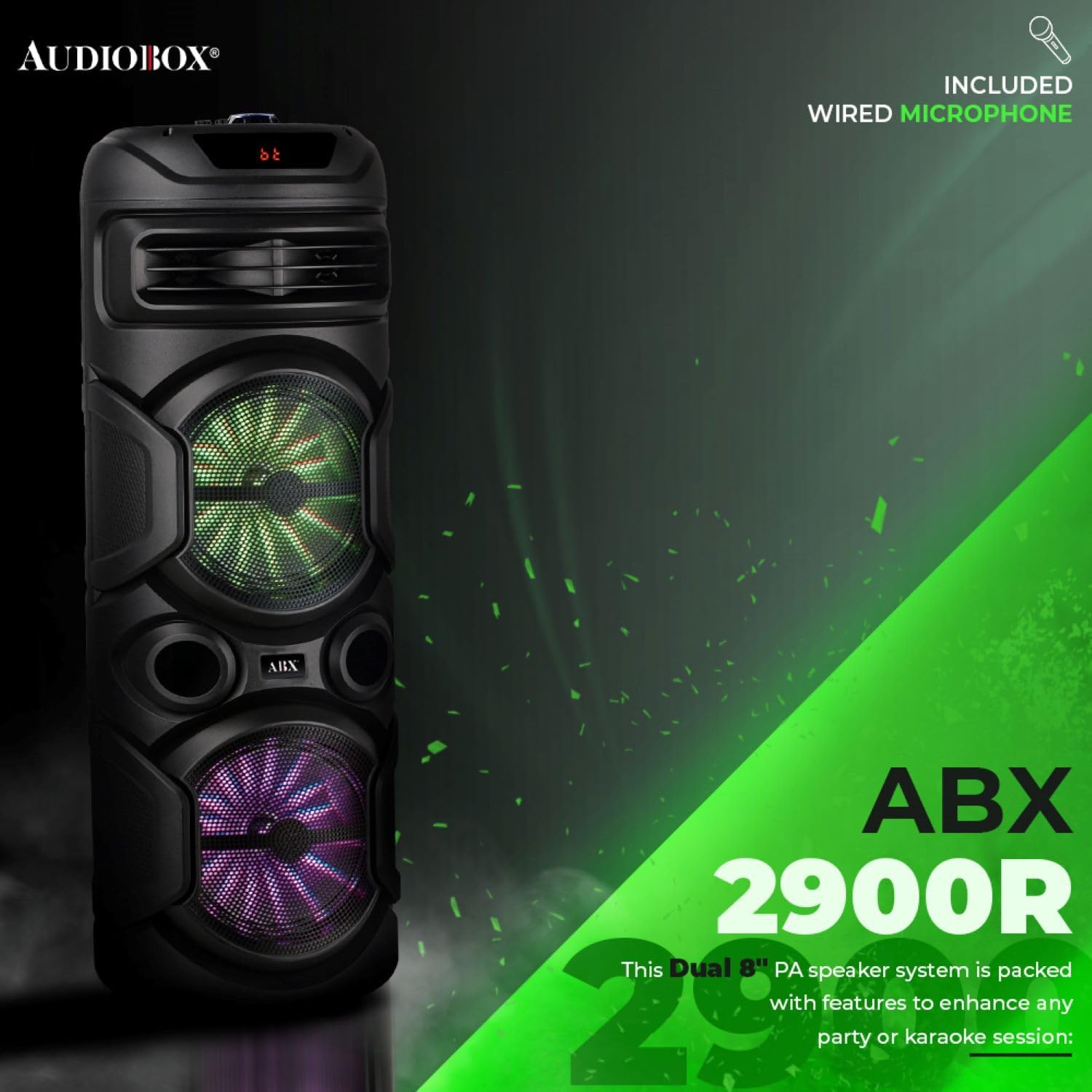Audiobox ABX-2900R Dual 8" Party Bluetooth Speaker - Light Weight with RGB Lights, Dual Channel Sound for Parties, DJ, Karaoke Ready - Image 3