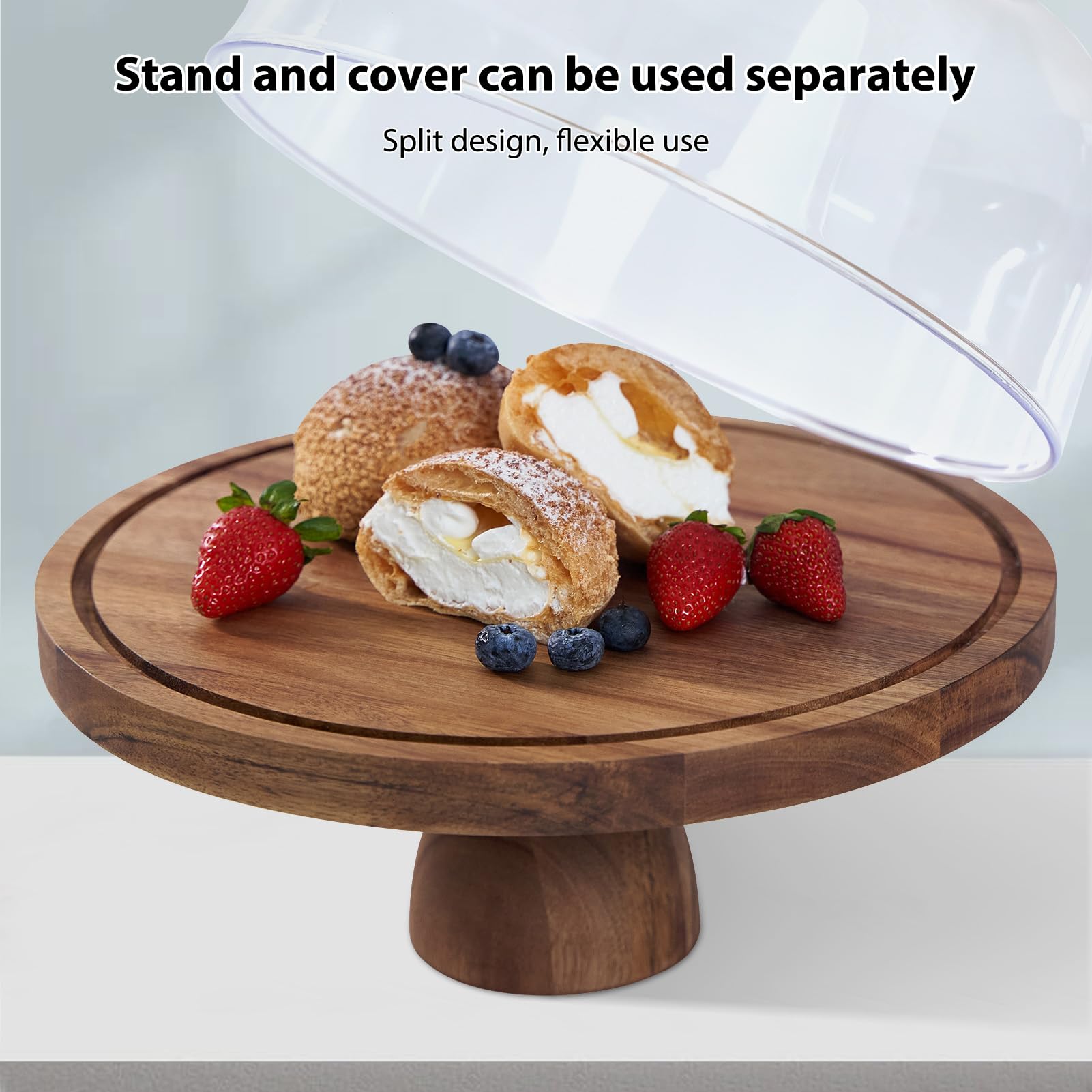 Buachois Soporte para Pasteles con Tapa y Patas, Ø 30 cm / 12 Pulgadas Pastel Tapa, Madera 2 en 1 Mesa de Doble Plaón de Charcutería de Redondo de Postres con Cúpula para Bandeja de Queso y Frutas