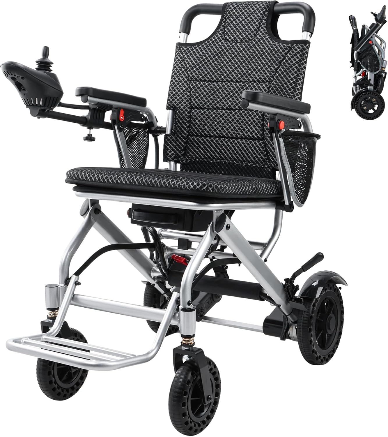 Silla de ruedas eléctrica ligera todo terreno, plegable, portátil, motorizada para adultos, aprobada por aerolíneas con control de joystick, fácil transporte y almacenamiento