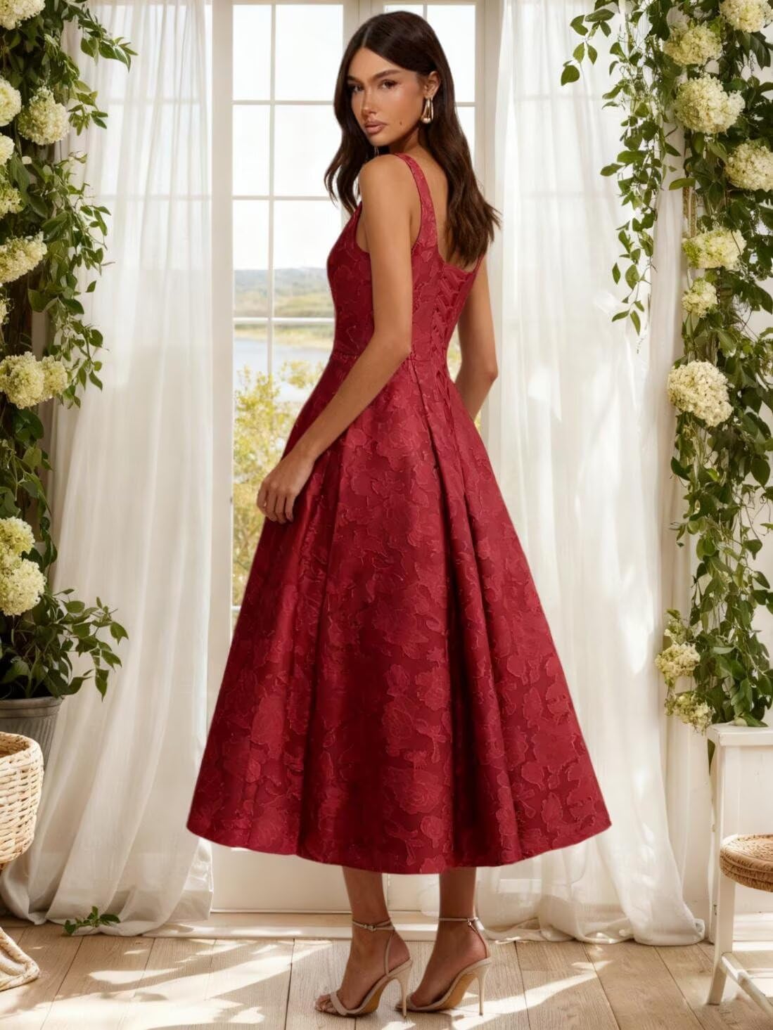 Basgute Floral Lace Bridesmaid Dresses for Women Tea Length A Line Pleated Wedding Guest Dress Formal Gown - Image 3