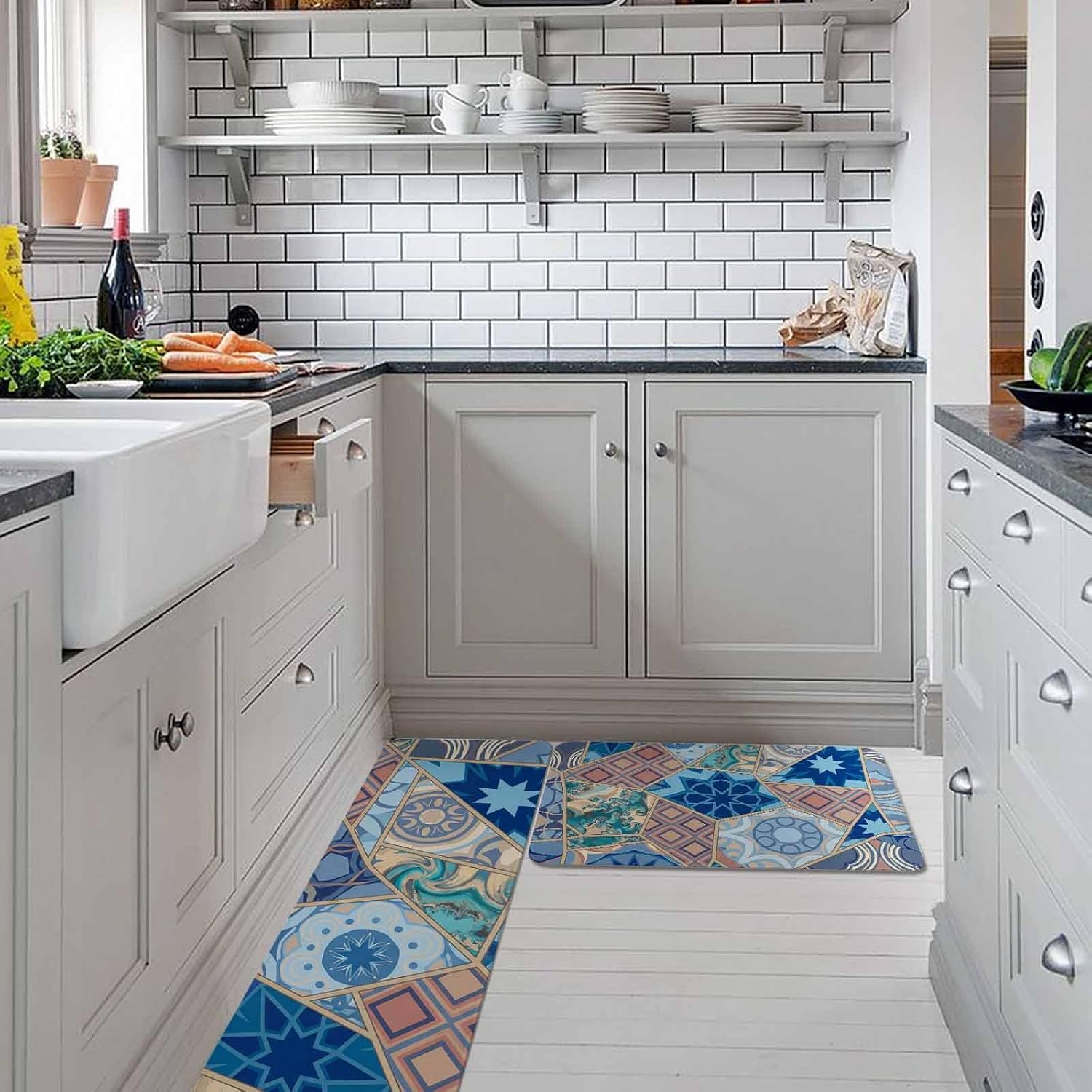 Boho Geometric Kitchen Rugs and Mats Set of 2, Non-Slip Kitchen Sink Mat, Southwest Abstract Traditional Art Washable Doormat Bathroom Rugs Runner for Bedroom/Living Room 17.7"x30"+17.7"x59"