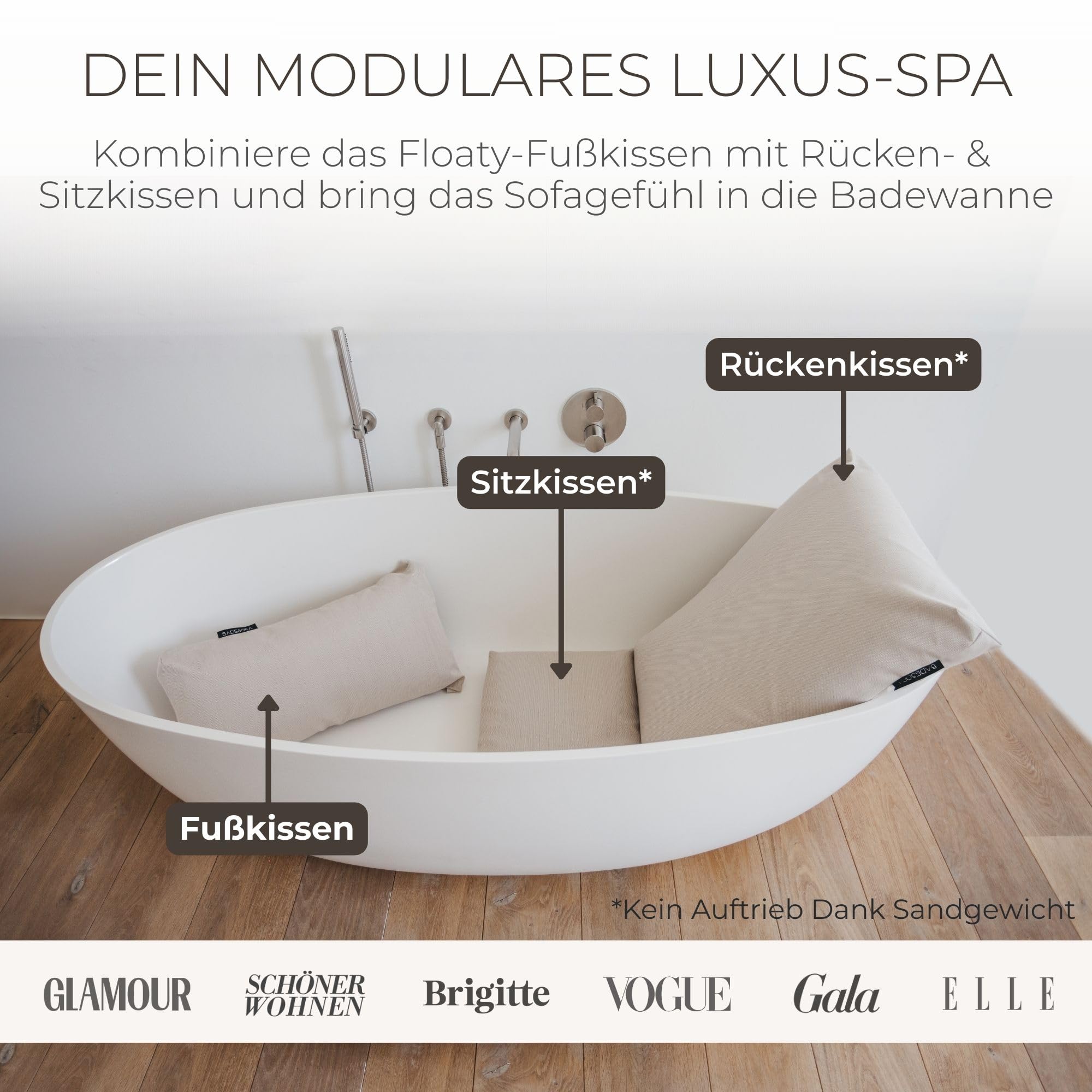 BADESOFA® Fußkissen | Premium-Qualität | Badewannen-Kissen für bequemes Baden | Made in EU | Badewanne-Kissen waschbar | Bade-Kissen in Perlmutt | Badewannen-Zubehör | Passt in Jede Badewanne