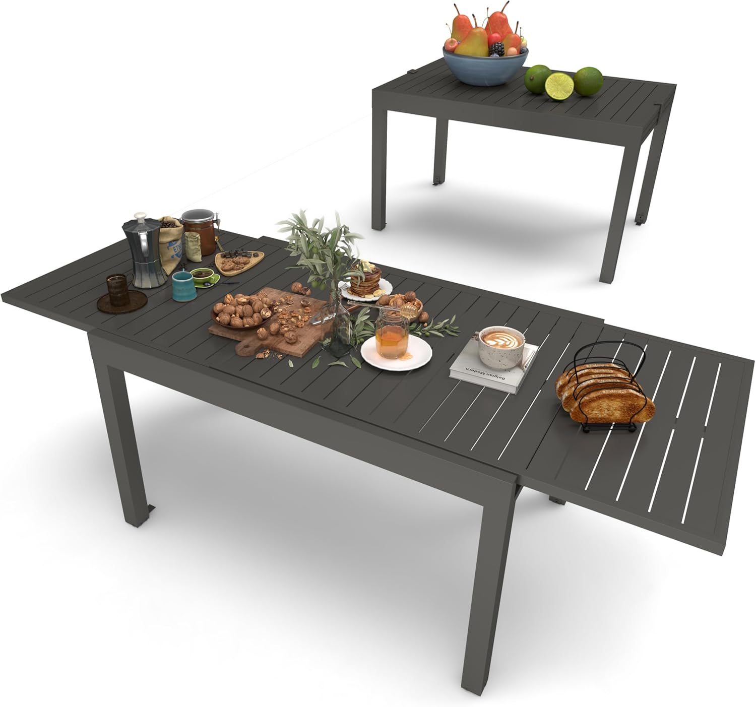 All Aluminum Expandable Patio Dining Table for 4-6 People, Extendable Outdoor Dining Room Table, All Weather Patio Furniture, Rectangular Metal Table with Adjustable Width 35"- 71", Dark Brown