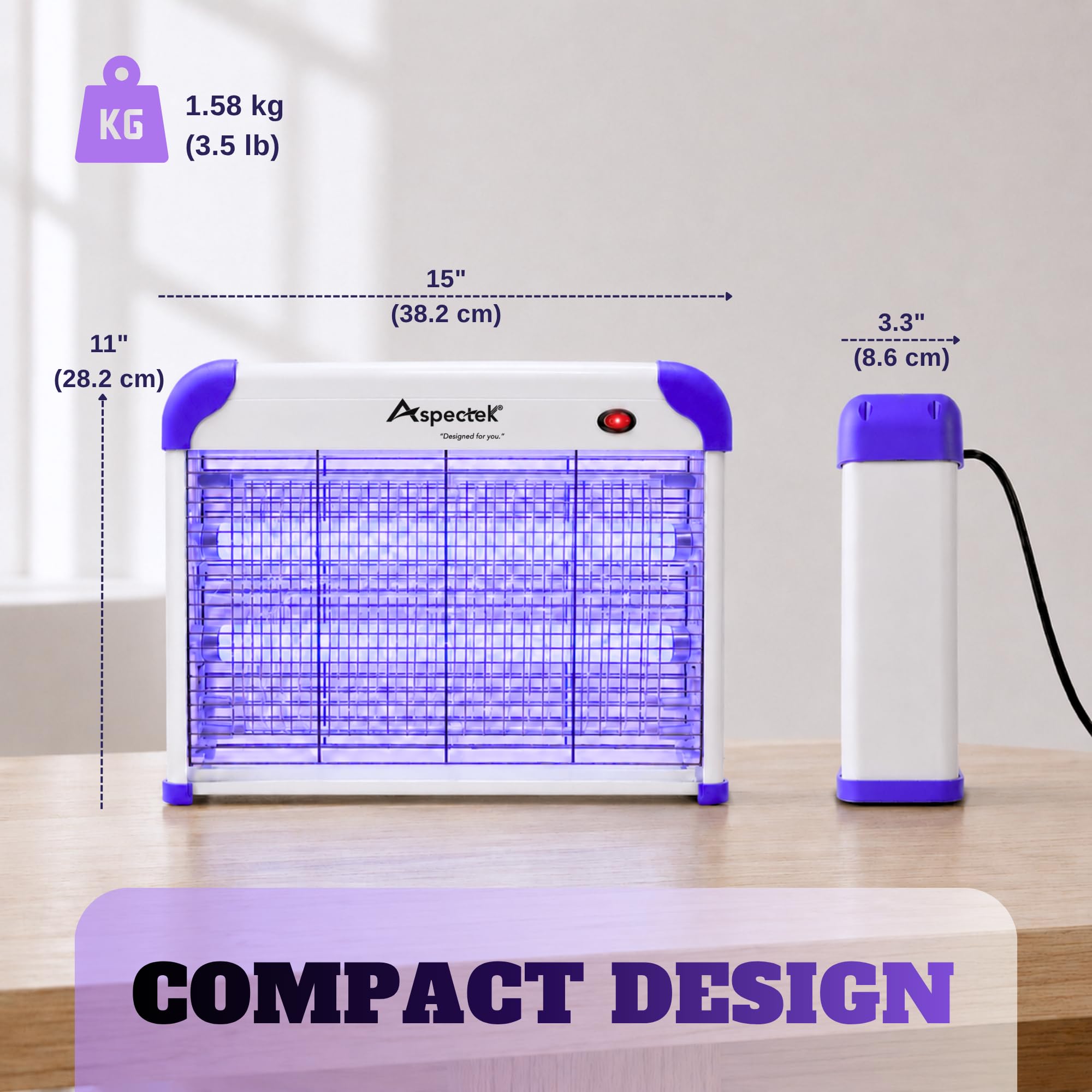 ASPECTEK Lila Insektenvernichter Elektrisch, 2800V Mückenlampe mit 20W UV-Lampe. Tötet Mücken, Motten, Fliegen. Mit 2 Ersatz - Glühbirnen, ideal für Haushalt