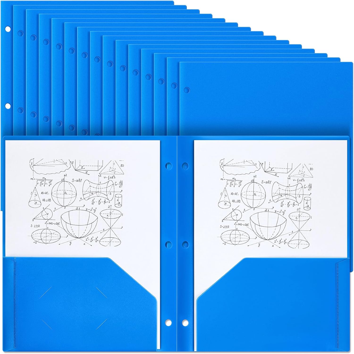 Yeaqee 50 Pcs Plastic Folders with Pockets, 3-Hole Punched, 2 Pocket File Folders (Blue)