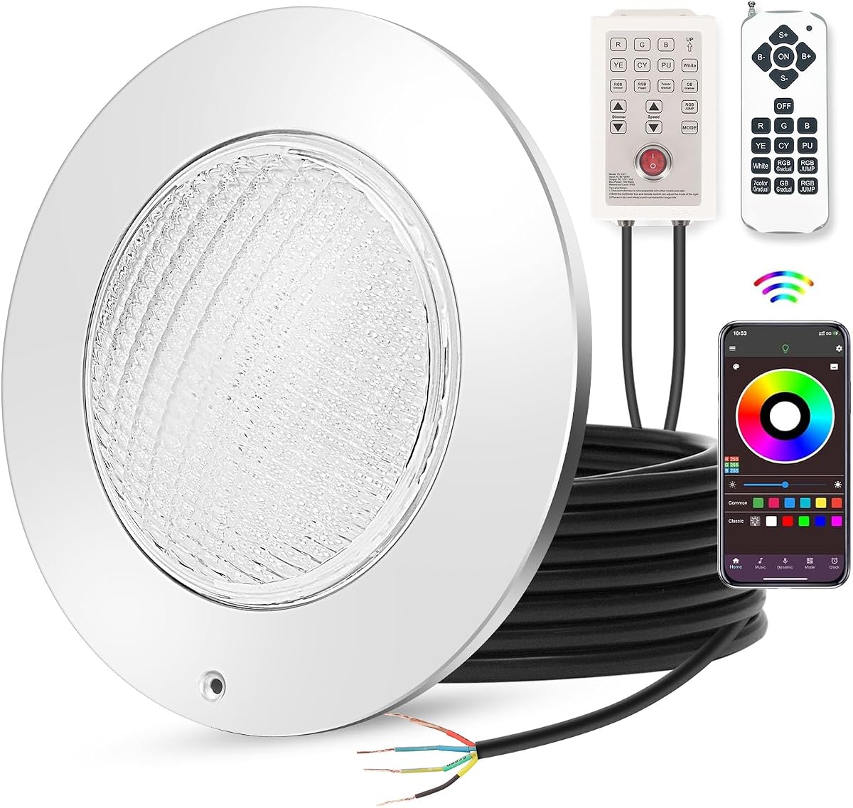 10 Inch RGB LED Pool Light Replacement for Inground Swimming Pools | 54W Color Changing Pool Light with 50FT Cord, APP and Remote Control for Easy Pool Lighting Adjustment