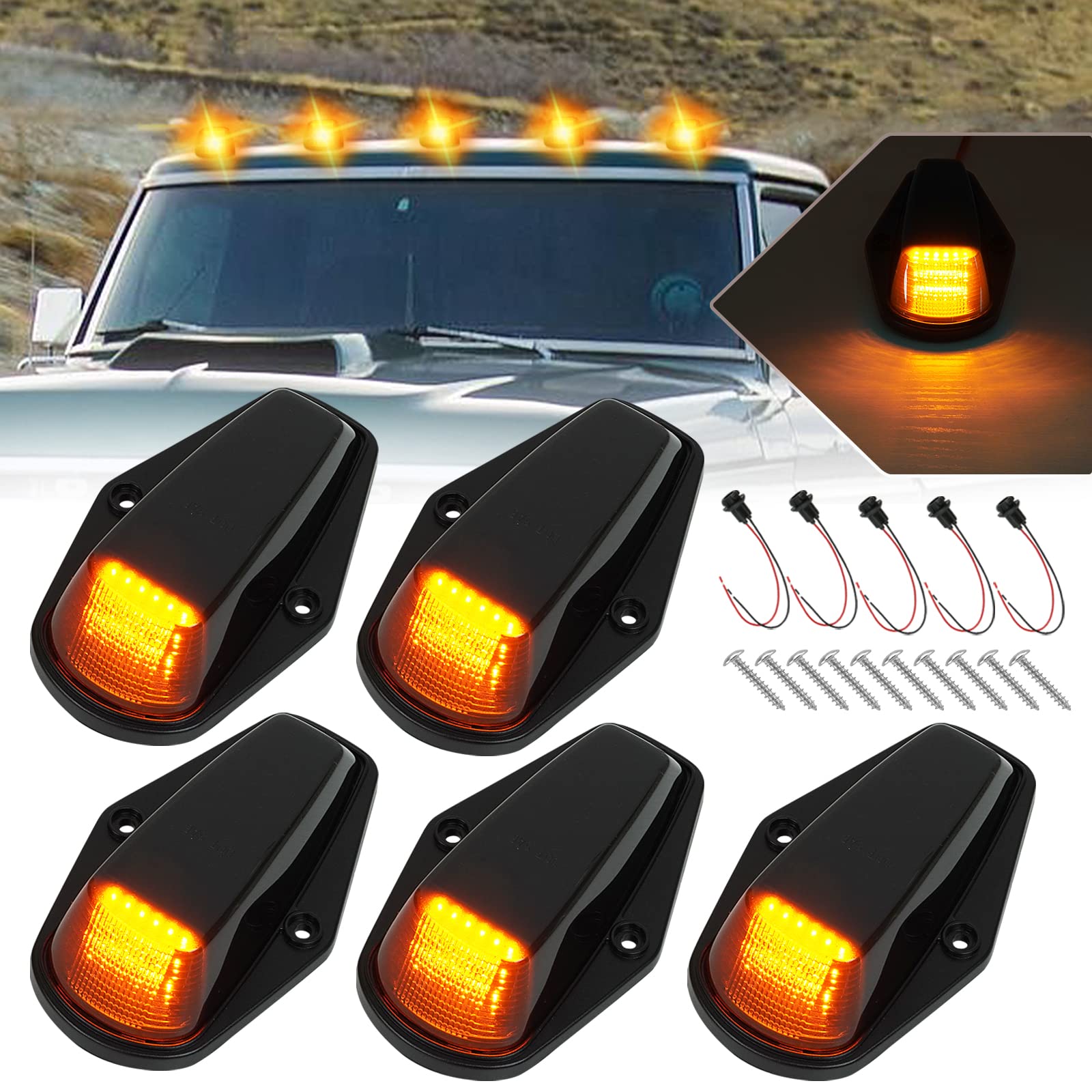 5-Pack Smoke LED Cab Roof Marker Lights For 1980-1997 Ford F150 F250 F350 - Cool White