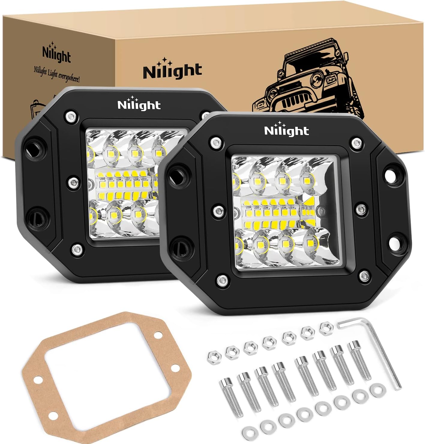 Nilight 2Pcs 42W Flush Mount Led Light Pods Upgraded Spot Flood Combo Beam Driving Light Work Light Backup Reverse Grill Mount Light For Offroad 4X4 Truck Suv Jeep, 2 Years Warranty