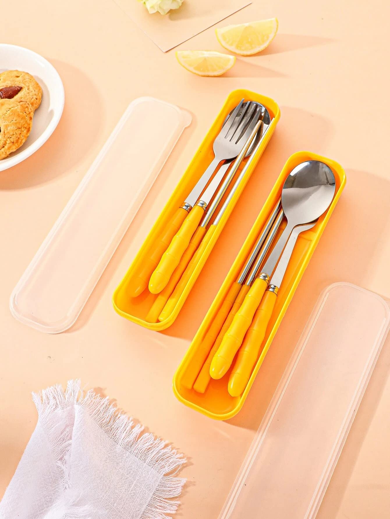 Home Cloud Premium Stainless Steel Cutlery Set Of 3-Piece (Spoon, Fork, Chopsticks) Including Travel Spoon Box - Exquisite Portable Tableware For Customized Gifts (Yellow)