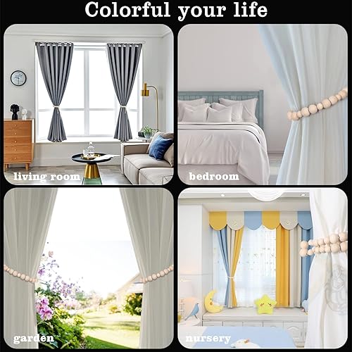 Miniatura 6 de Hion 4 alzapaños de cortina bohemios, con cuentas de madera, alzapaños para cortinas de granja al aire libre, soportes de cortina para cortinas,