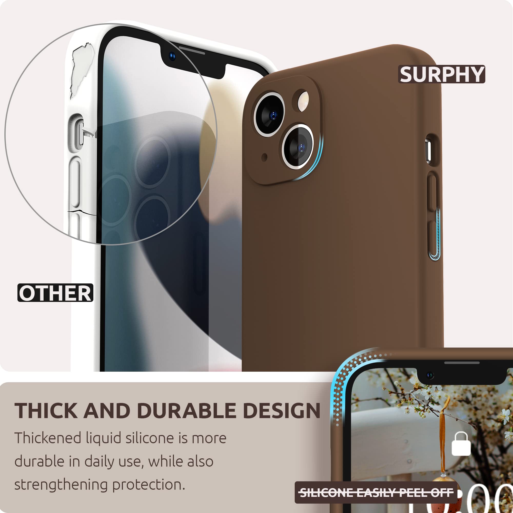 SURPHY Cover per iPhone 13 con Vetro Temperato (6,1"), Custodia per iphone 13 Silicone con Protezione Fotocamera, case protezione Completa,Antiurto, Morbida Microfibra Antigraffio (Marrone)