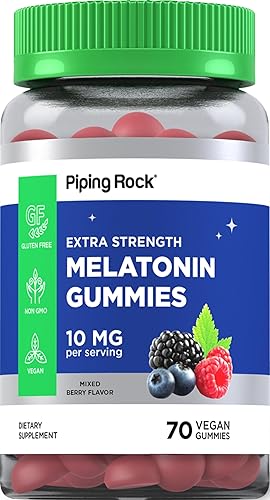 Piping Rock Gomitas de melatonina de 10 mg | 70 gomitas veganas para adultos | Sabor a bayas | Sin OMG, sin gluten